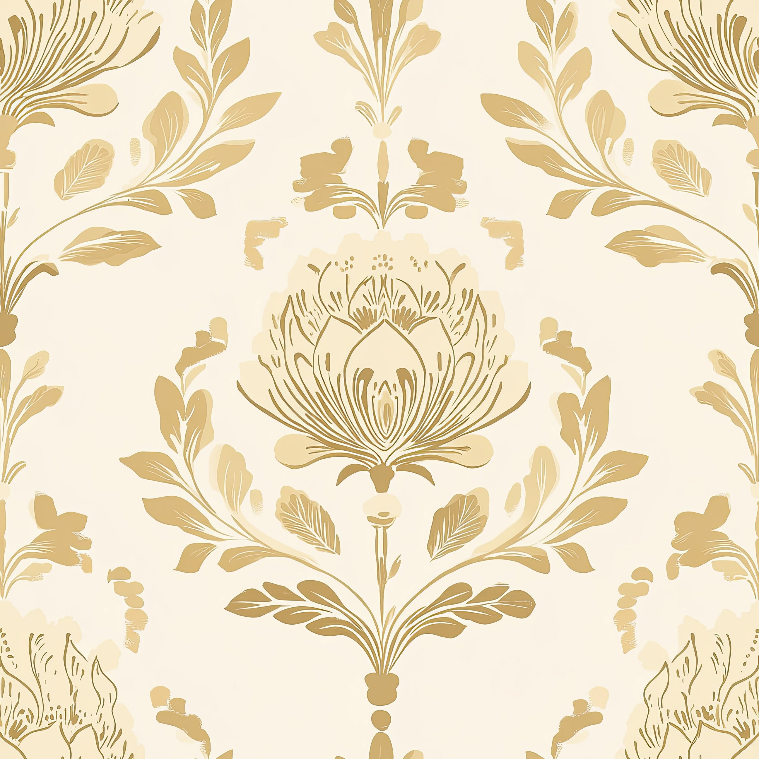 Vintage ivory and peach damask wallpaper with floral botanical patterns, featuring golden peach details for elegant home decor.