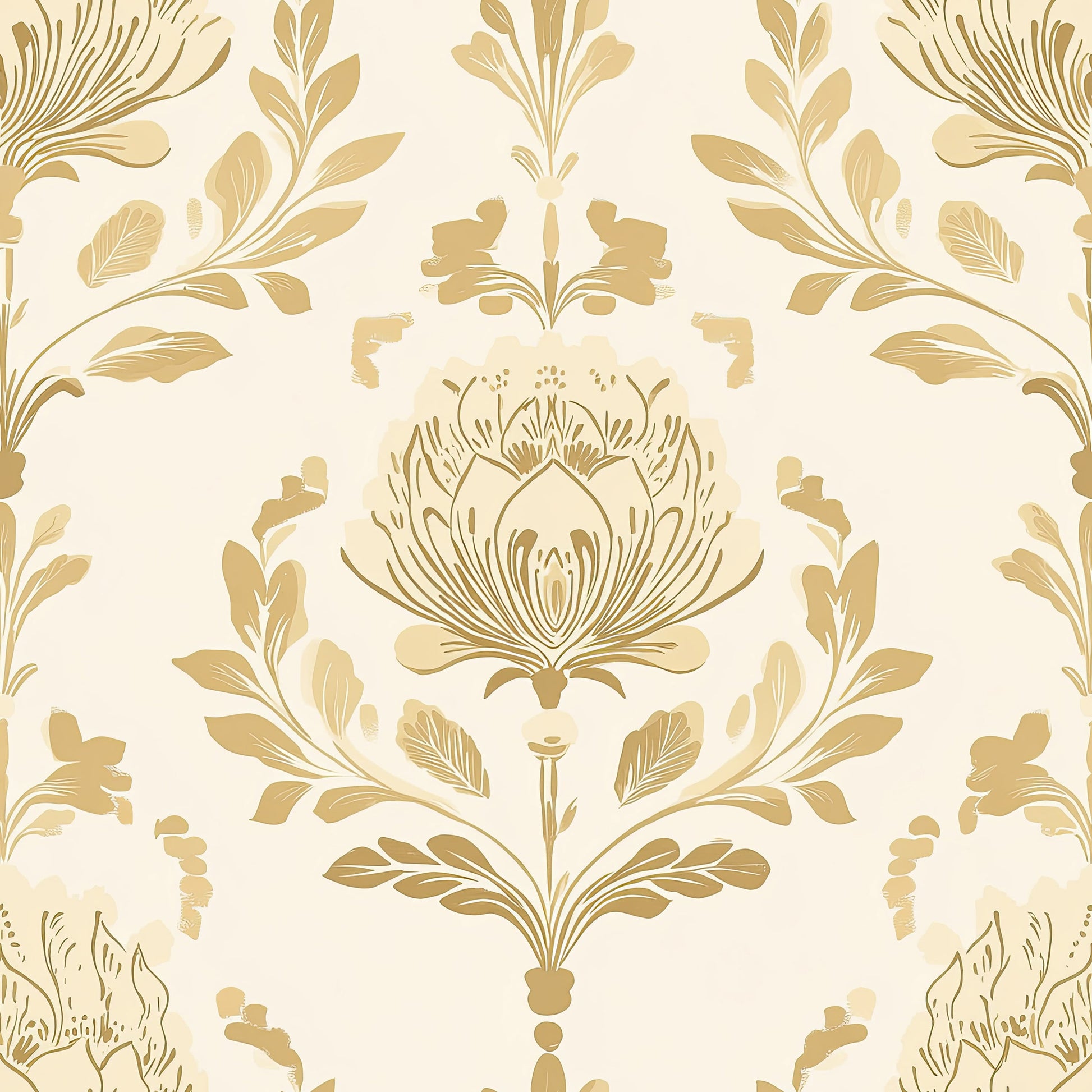 Vintage ivory and peach damask wallpaper with floral botanical patterns, featuring golden peach details for elegant home decor.