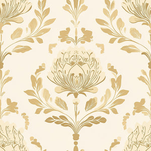 Vintage ivory and peach damask wallpaper with floral botanical patterns, featuring golden peach details for elegant home decor.