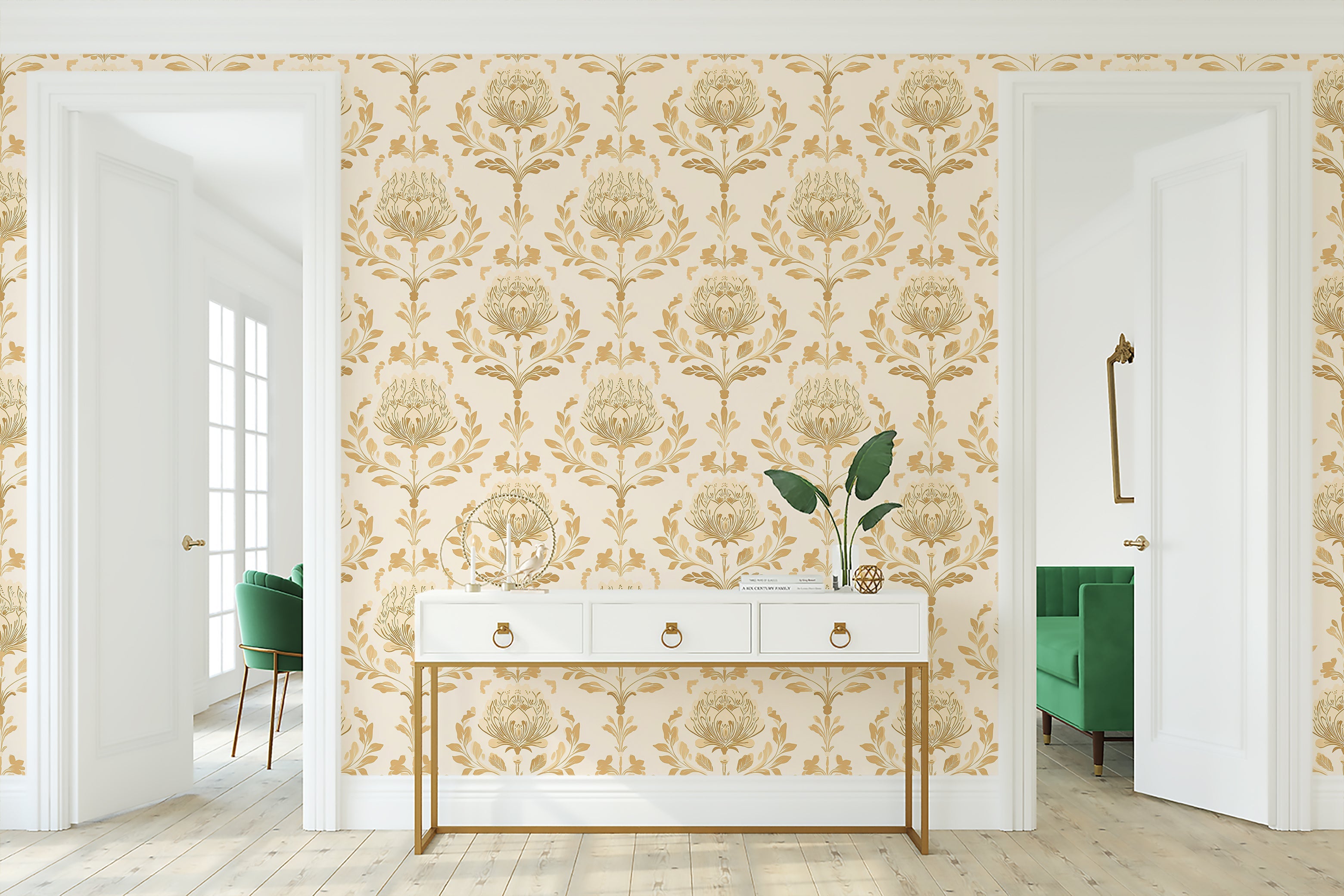 Vintage floral damask wallpaper in ivory and peach, featuring classic botanical patterns, ideal for elegant living spaces.