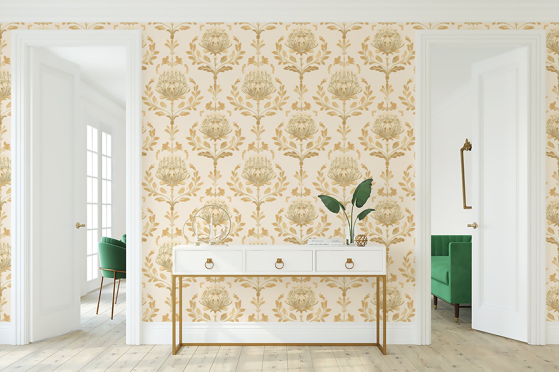 Vintage floral damask wallpaper in ivory and peach, featuring classic botanical patterns, ideal for elegant living spaces.