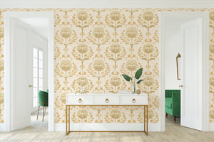 Vintage floral damask wallpaper in ivory and peach, featuring classic botanical patterns, ideal for elegant living spaces.