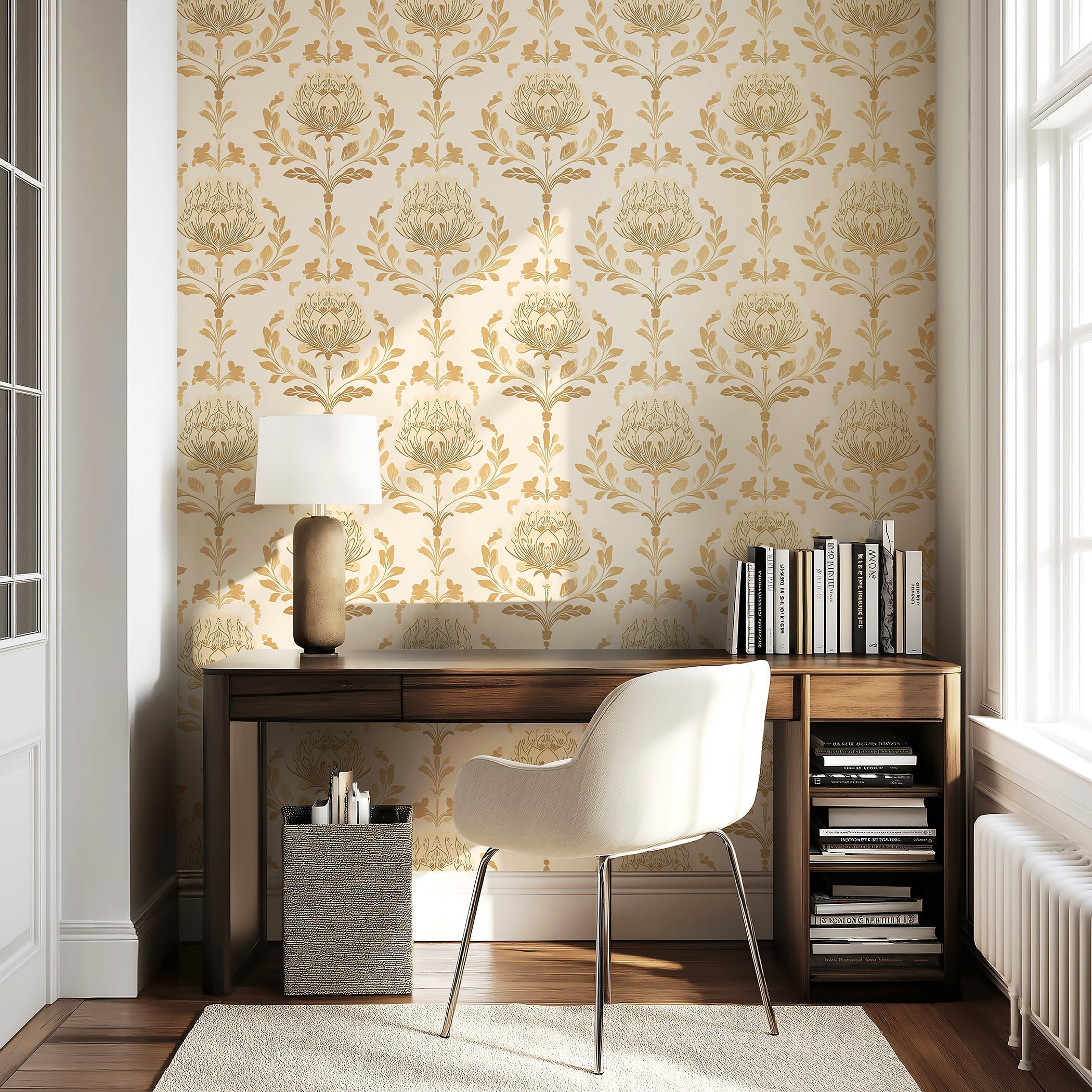 Ivory and peach damask wallpaper with floral retro design, featuring elegant flowers for vintage-inspired home decor.