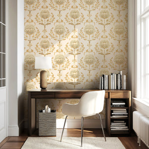 Ivory and peach damask wallpaper with floral retro design, featuring elegant flowers for vintage-inspired home decor.