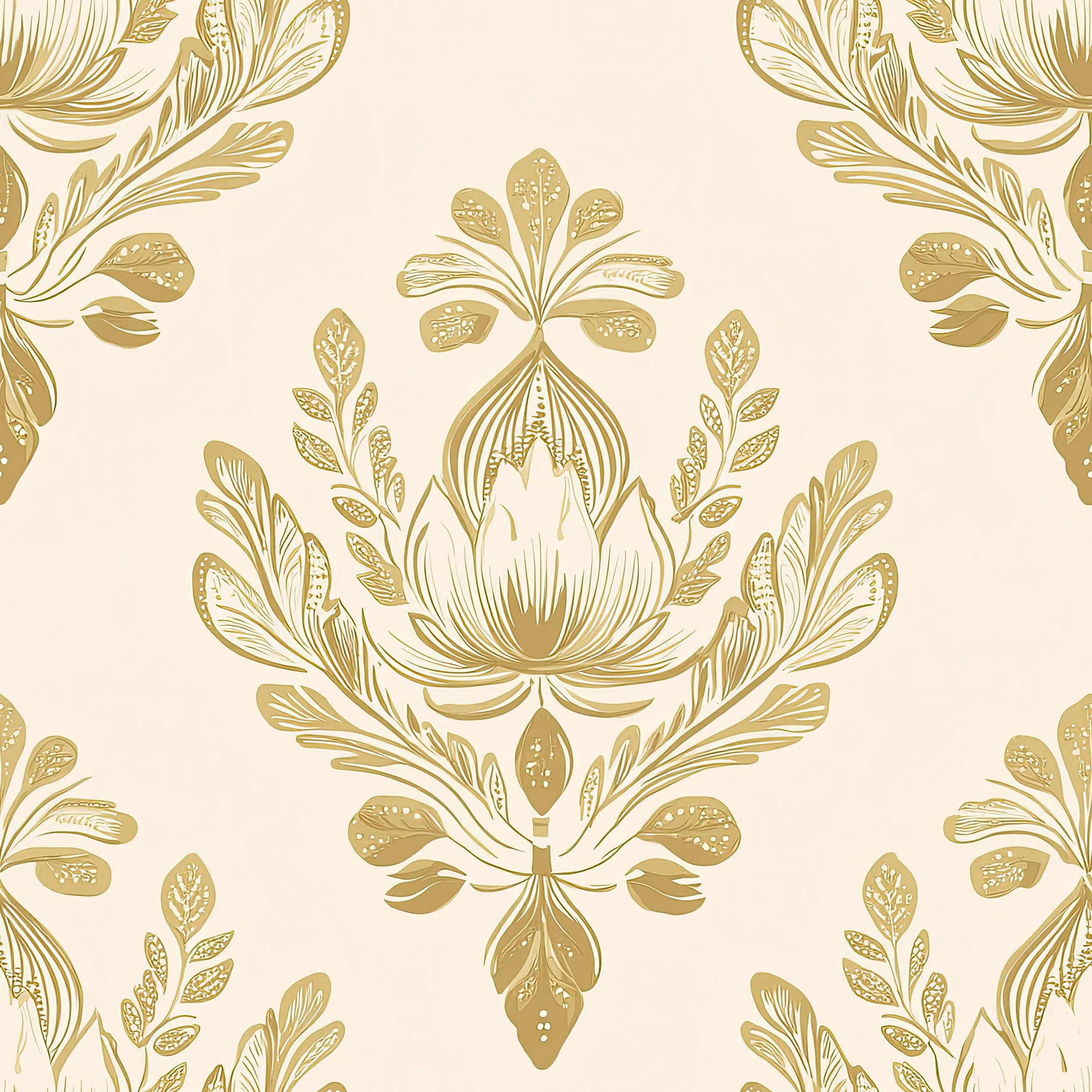 Vintage floral damask wallpaper with golden botanical design, ideal for elegant retro decor. Keywords: damask, floral, flowers, vintage.