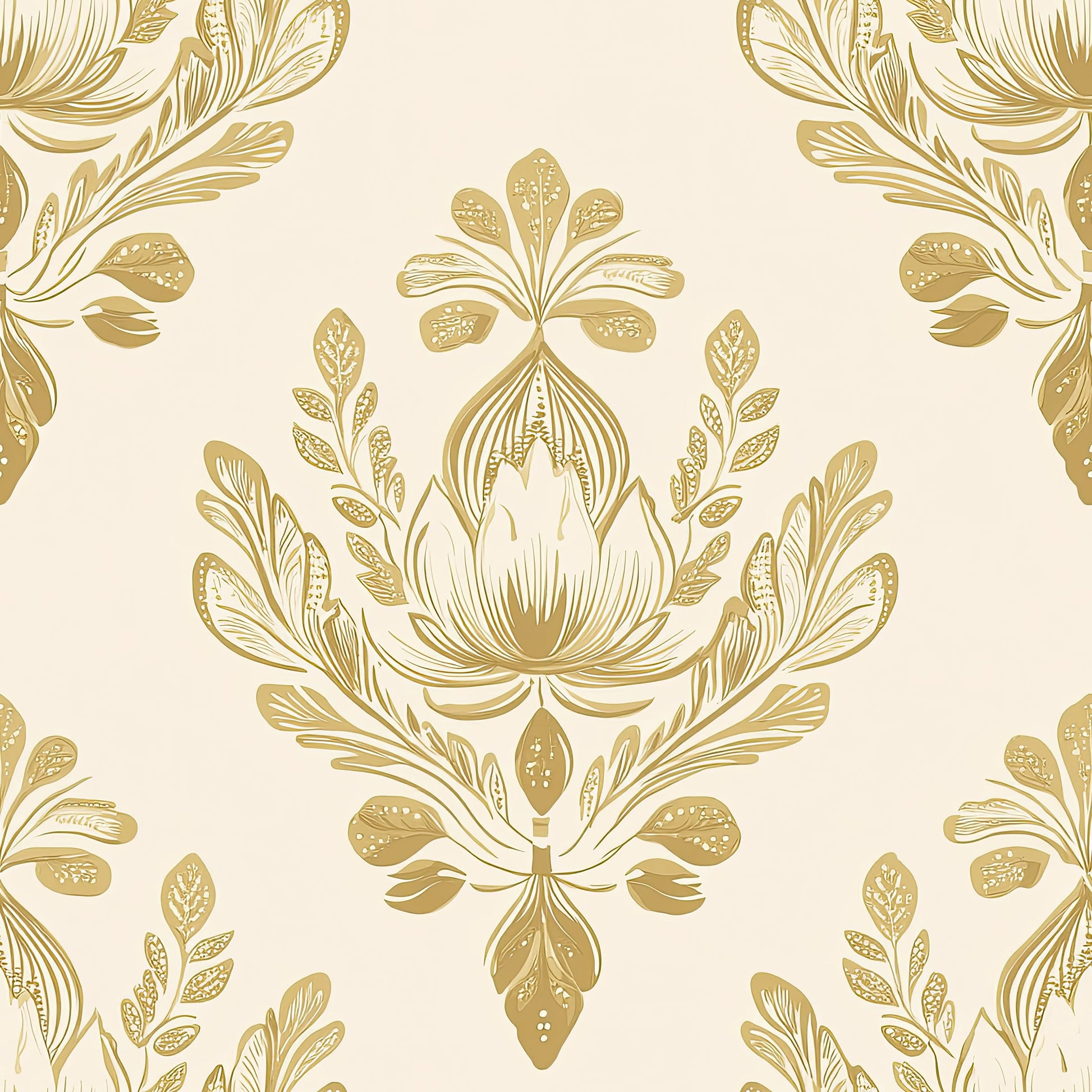 Vintage floral damask wallpaper with golden botanical design, ideal for elegant retro decor. Keywords: damask, floral, flowers, vintage.