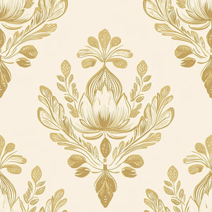 Vintage floral damask wallpaper with golden botanical design, ideal for elegant retro decor. Keywords: damask, floral, flowers, vintage.