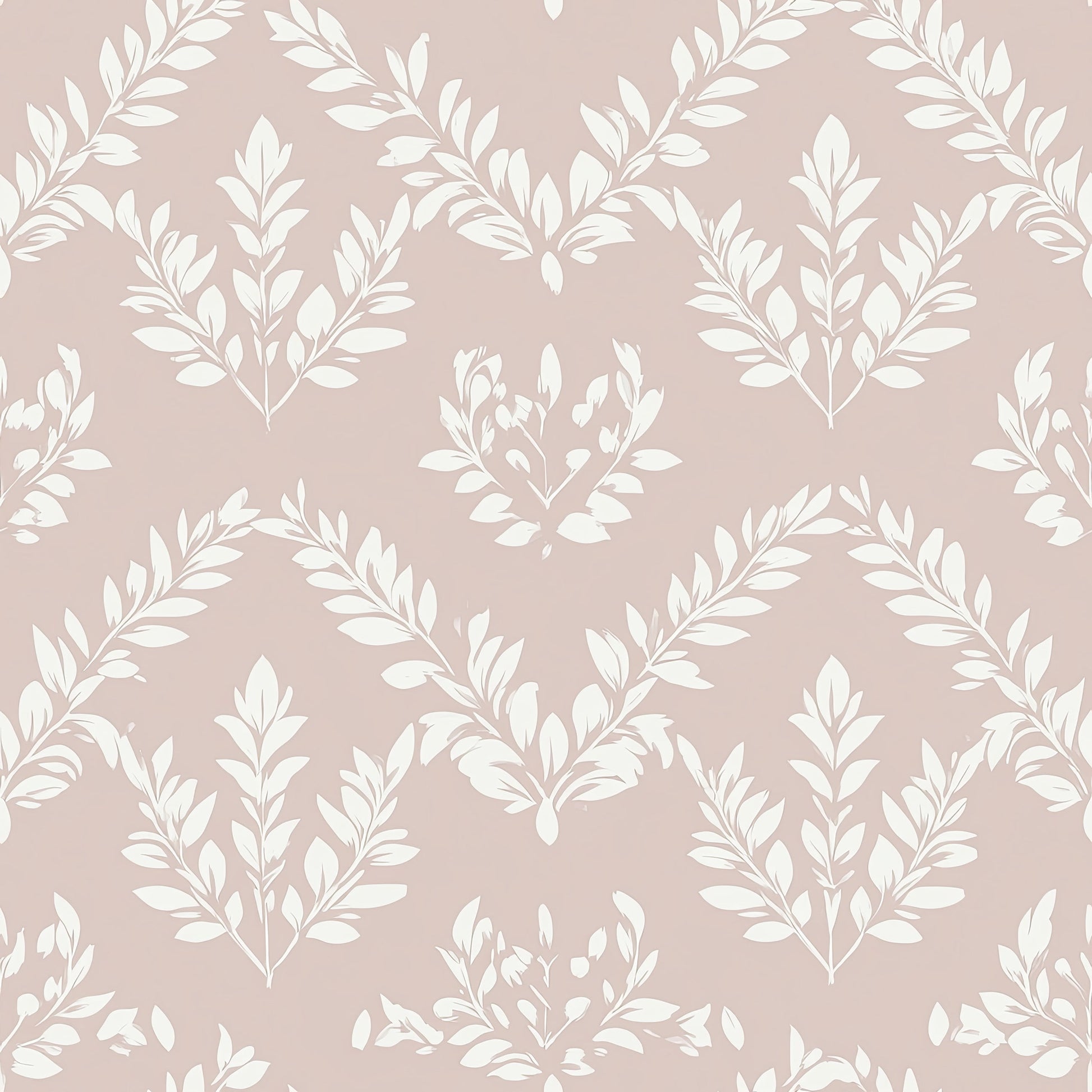 Ivory floral silhouettes on blush background with laurel wreath pattern, perfect for traditional and contemporary wallpaper designs.