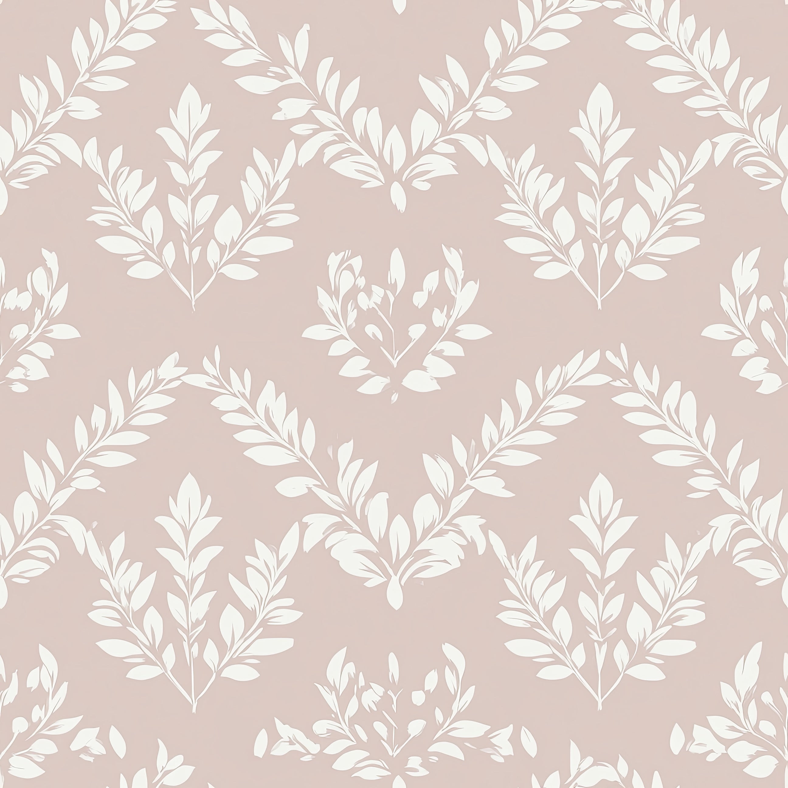 Ivory floral silhouettes on blush background with laurel wreath pattern, perfect for traditional and contemporary wallpaper designs.