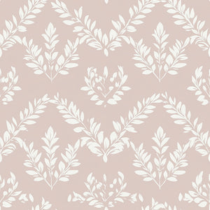 Ivory floral silhouettes on blush background with laurel wreath pattern, perfect for traditional and contemporary wallpaper designs.