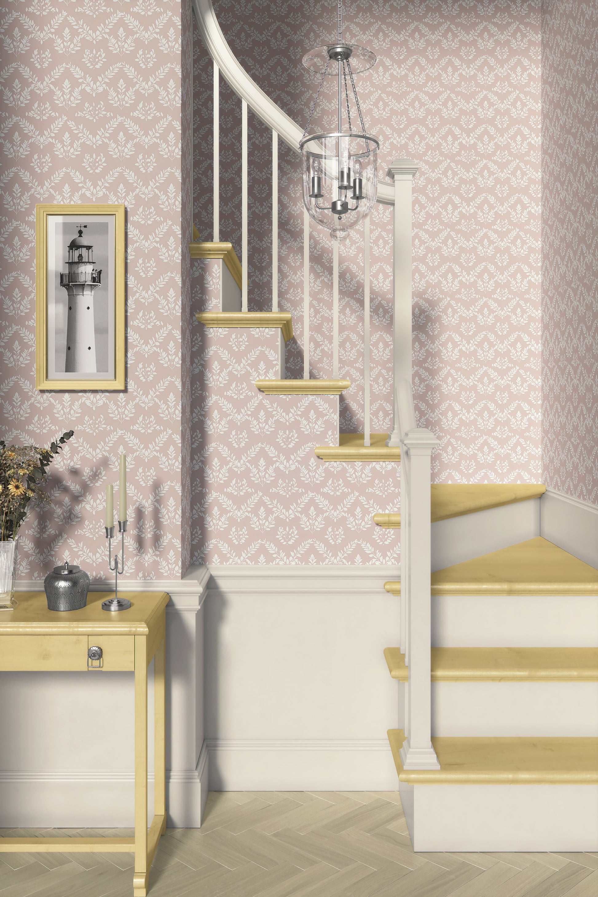 Blushing Botanicals wallpaper with ivory botanical silhouettes on blush background, featuring laurels and floral, traditional elegance.