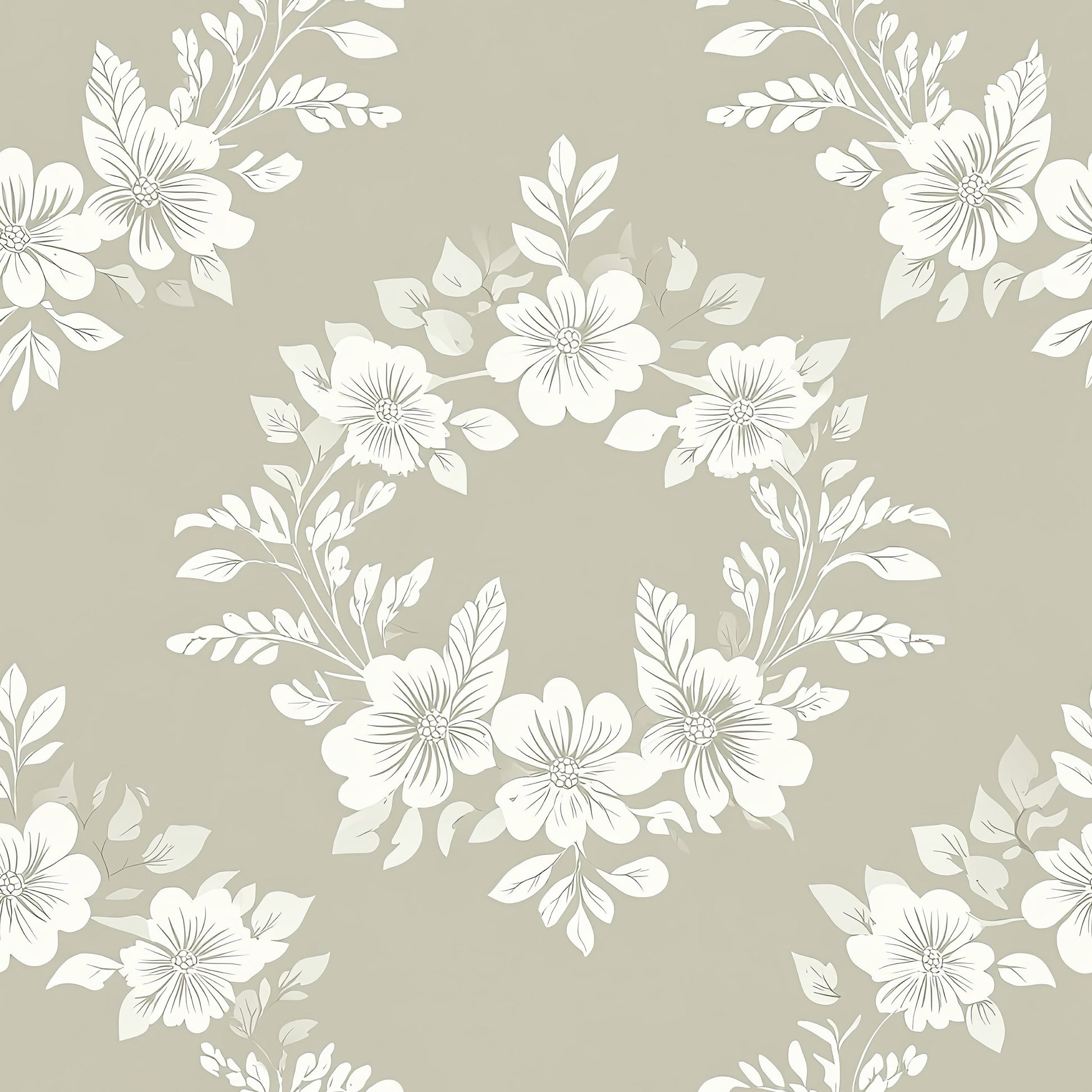 Delicate Bloom Collection wallpaper with white floral laurels on beige background, ideal for traditional interiors. Elegance redefined.