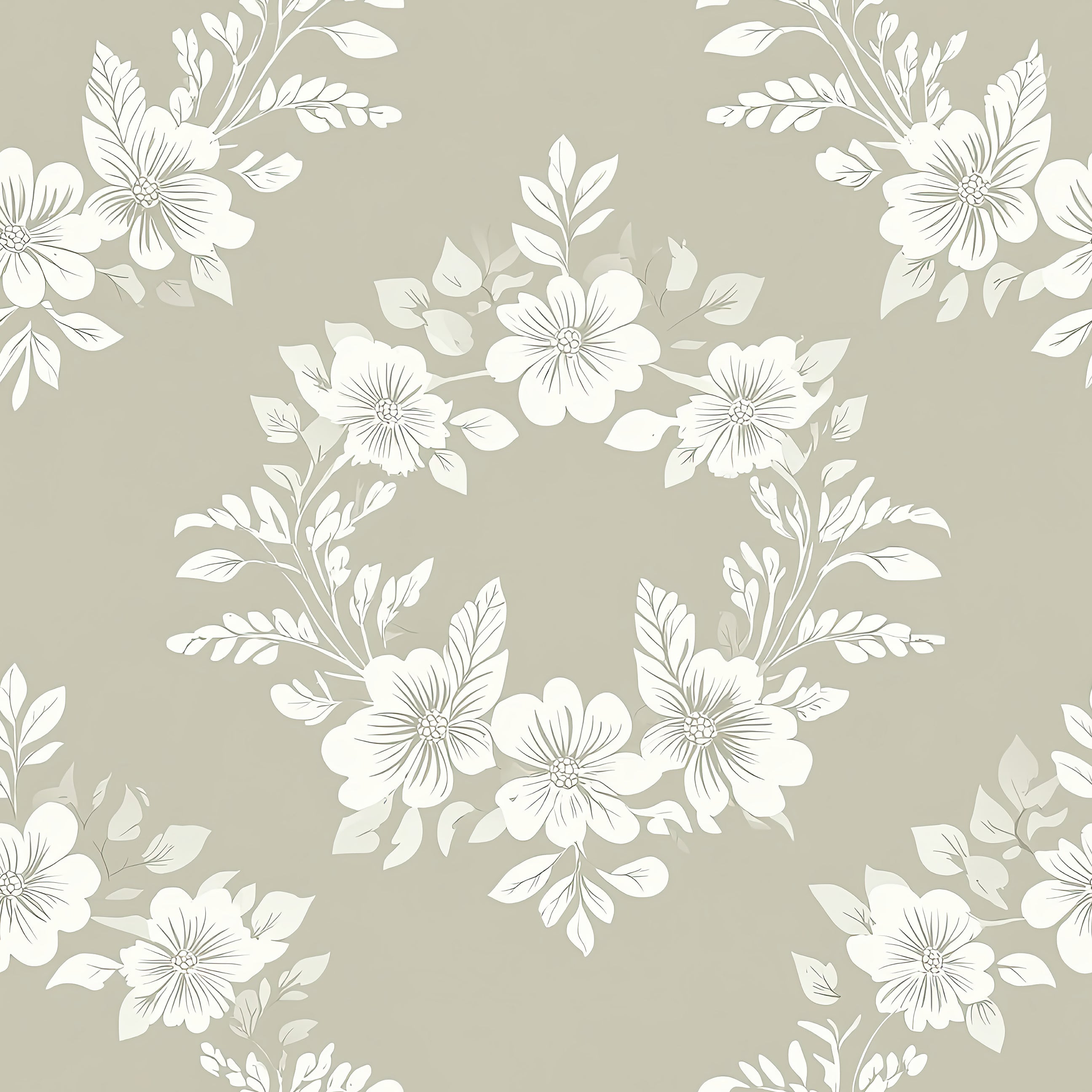 Delicate Bloom Collection wallpaper with white floral laurels on beige background, ideal for traditional interiors. Elegance redefined.