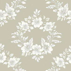 Delicate Bloom Collection wallpaper with white floral laurels on beige background, ideal for traditional interiors. Elegance redefined.
