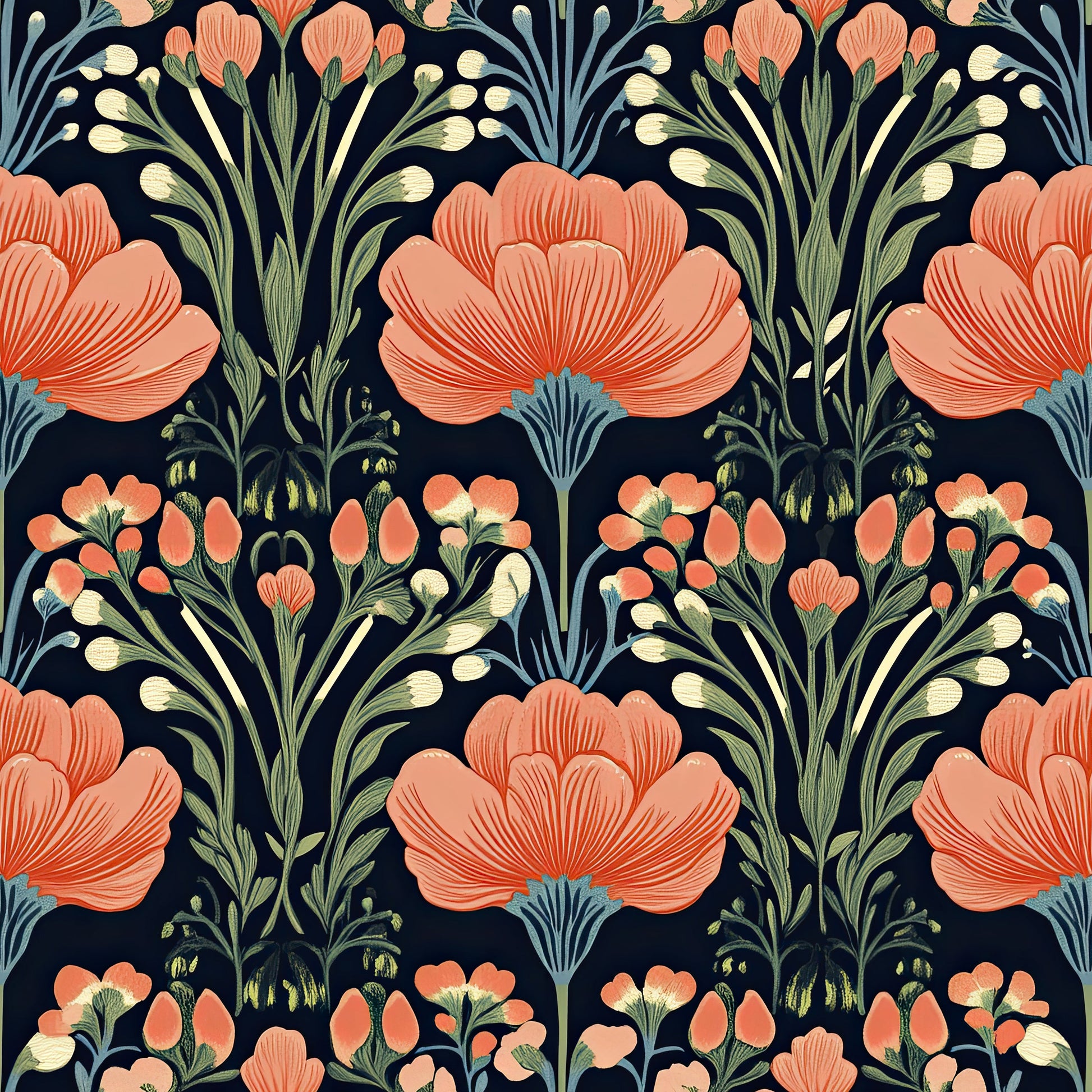 Vivid Garden Bloom floral wallpaper featuring coral and salmon flowers with cream and olive accents on a black background.