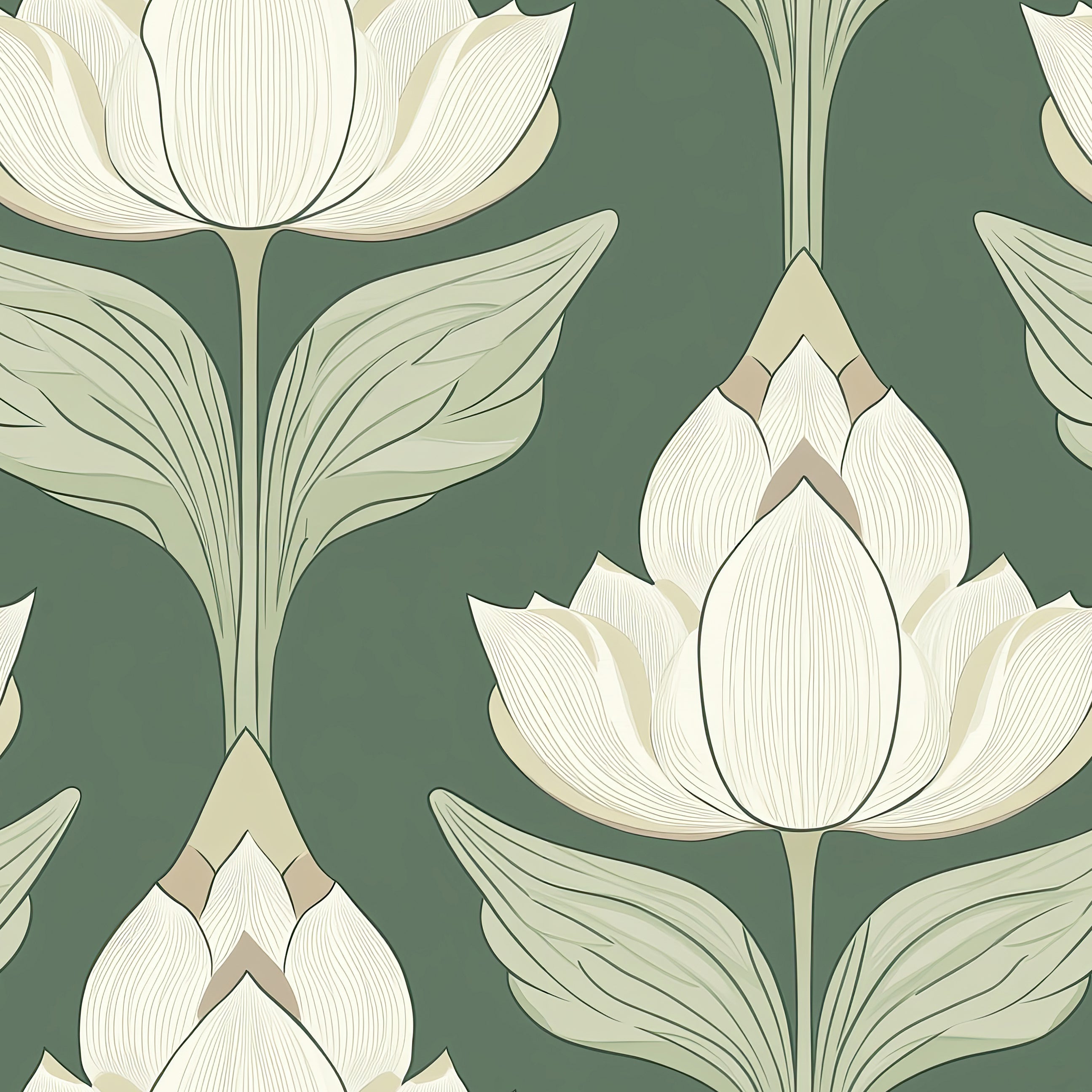 Chic Art Nouveau botanical wallpaper featuring ivory floral blooms and leaves on a deep sage green background. Timeless, floral elegance.