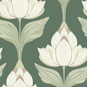 Chic Art Nouveau botanical wallpaper featuring ivory floral blooms and leaves on a deep sage green background. Timeless, floral elegance.