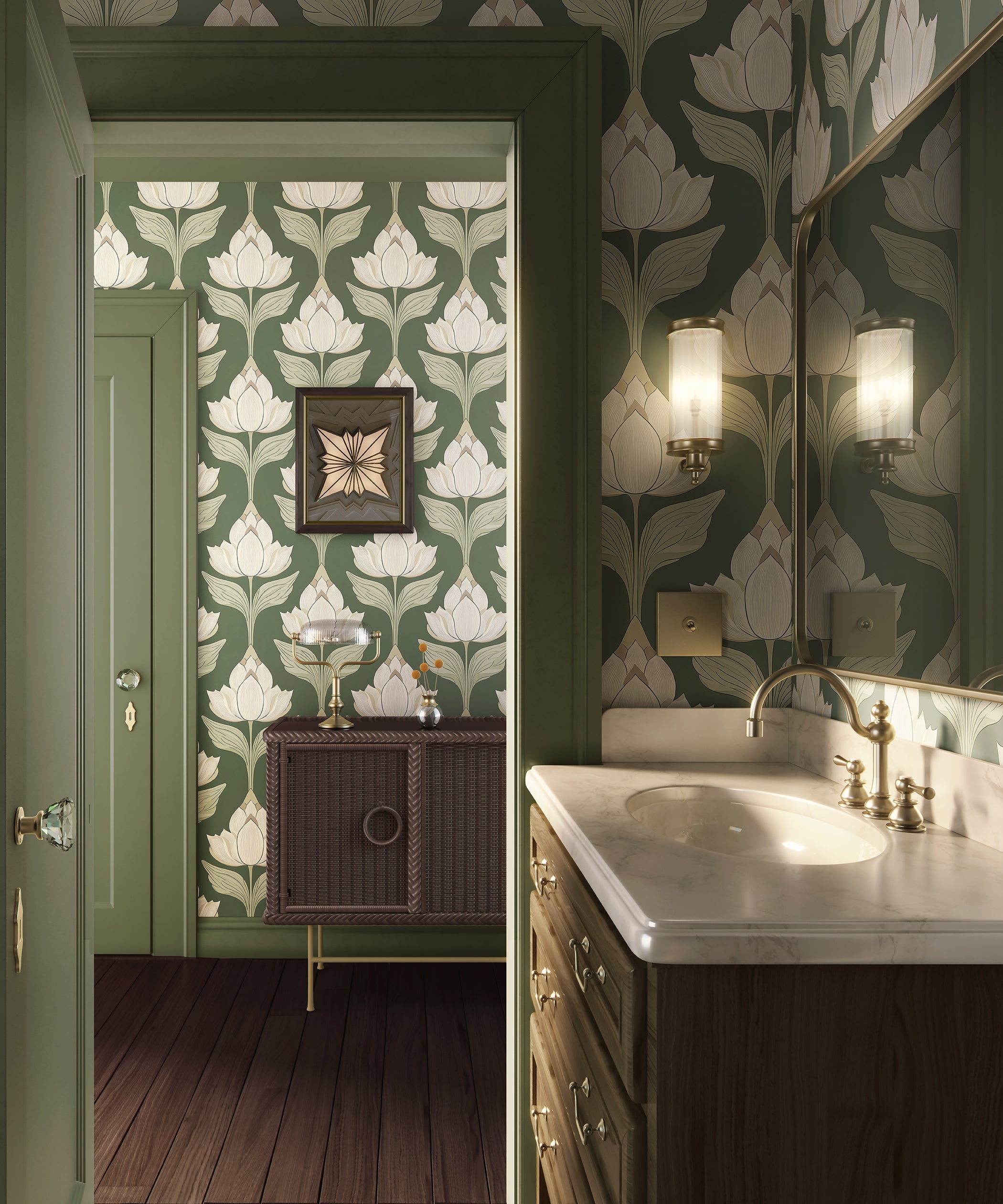 Chic botanical motif wallpaper with Art Nouveau style ivory floral blooms on sage green, enhancing an elegant bathroom interior.
