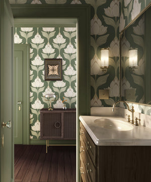 Chic botanical motif wallpaper with Art Nouveau style ivory floral blooms on sage green, enhancing an elegant bathroom interior.