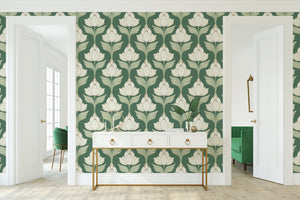Chic Botanical Motif Wallpaper with ivory floral on sage green, Art Nouveau style floral design for elegant and timeless interior spaces.