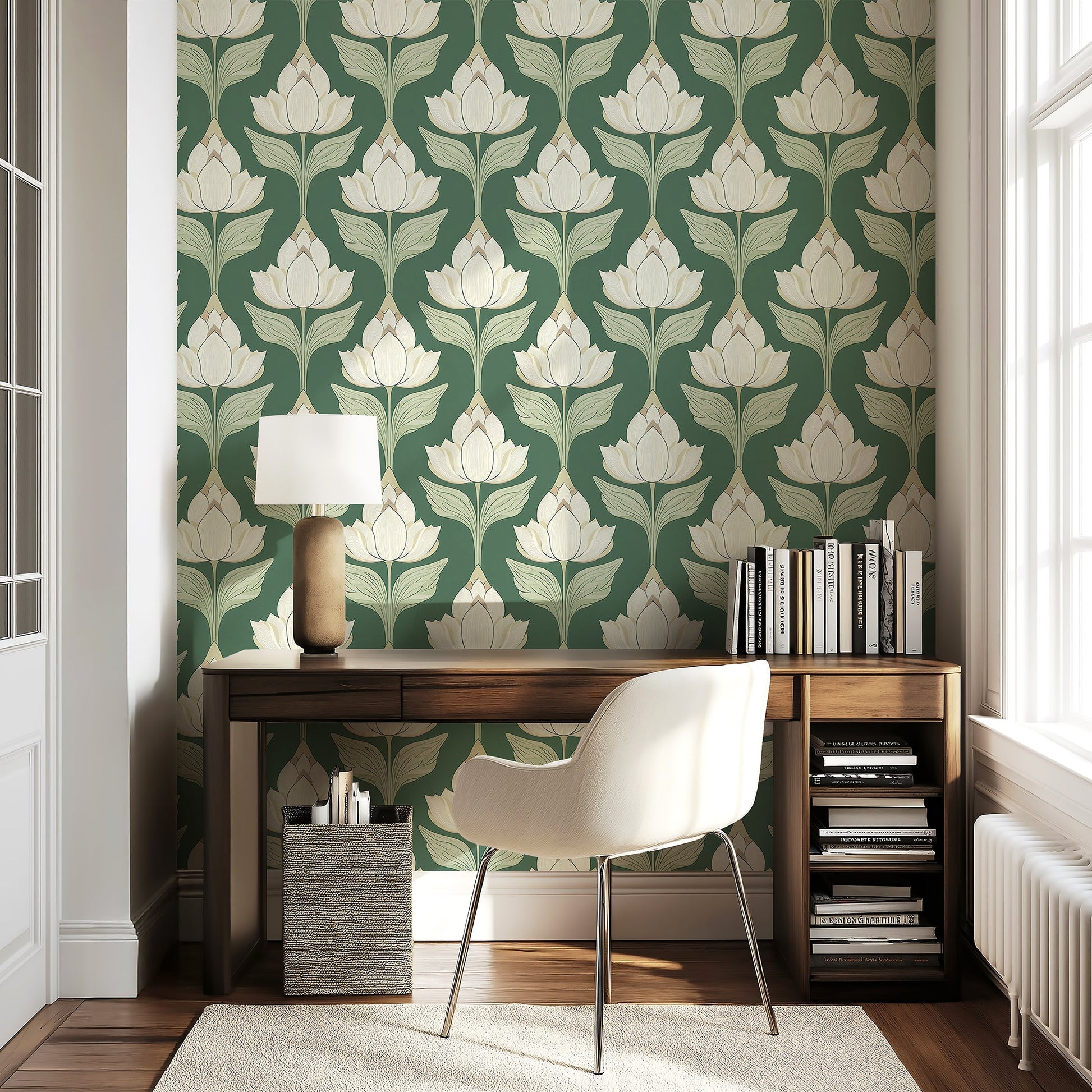 Art nouveau floral wallpaper with ivory flowers on sage green, chic botanical motif in serene living space decor.