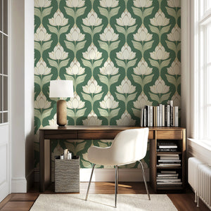 Art nouveau floral wallpaper with ivory flowers on sage green, chic botanical motif in serene living space decor.