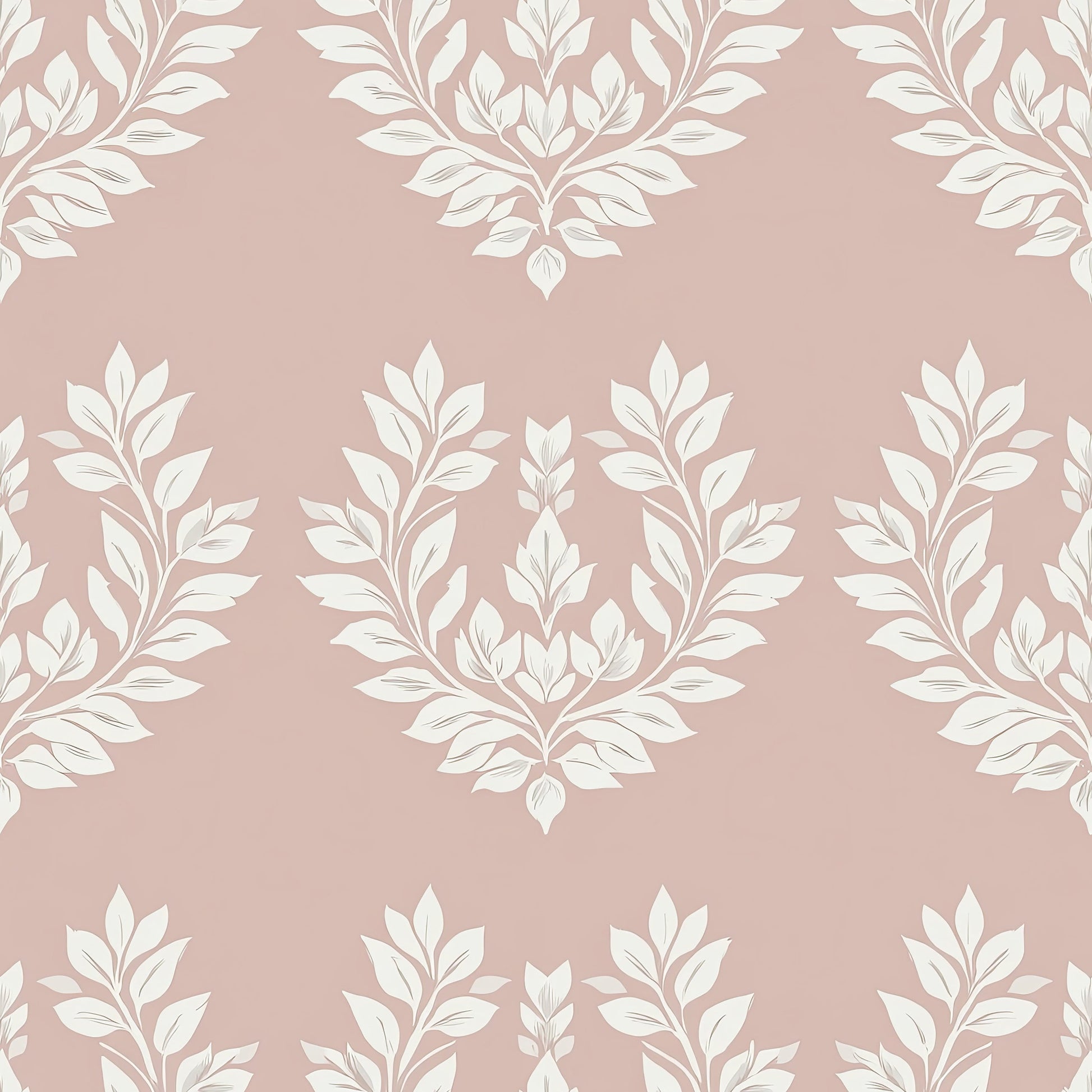 Romantic Flora Design Wallpaper featuring white laurel wreaths on blush-pink, ideal for adding a sophisticated floral and traditional touch.