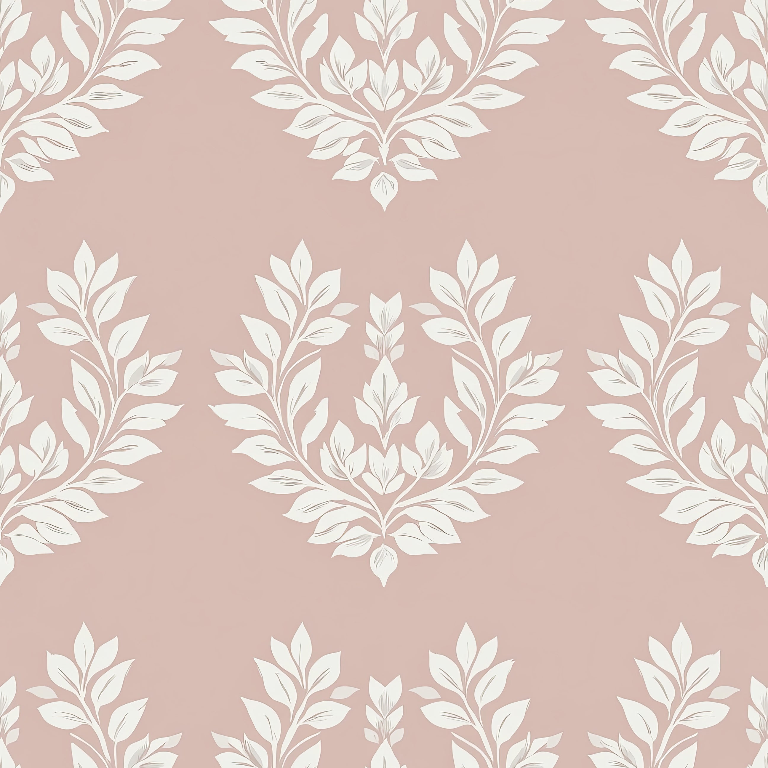 Romantic Flora Design Wallpaper featuring white laurel wreaths on blush-pink, ideal for adding a sophisticated floral and traditional touch.