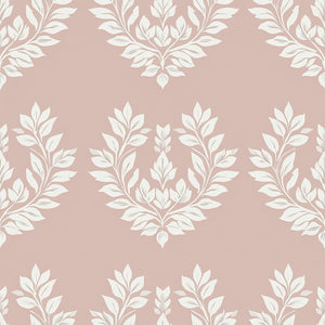 Romantic Flora Design Wallpaper featuring white laurel wreaths on blush-pink, ideal for adding a sophisticated floral and traditional touch.
