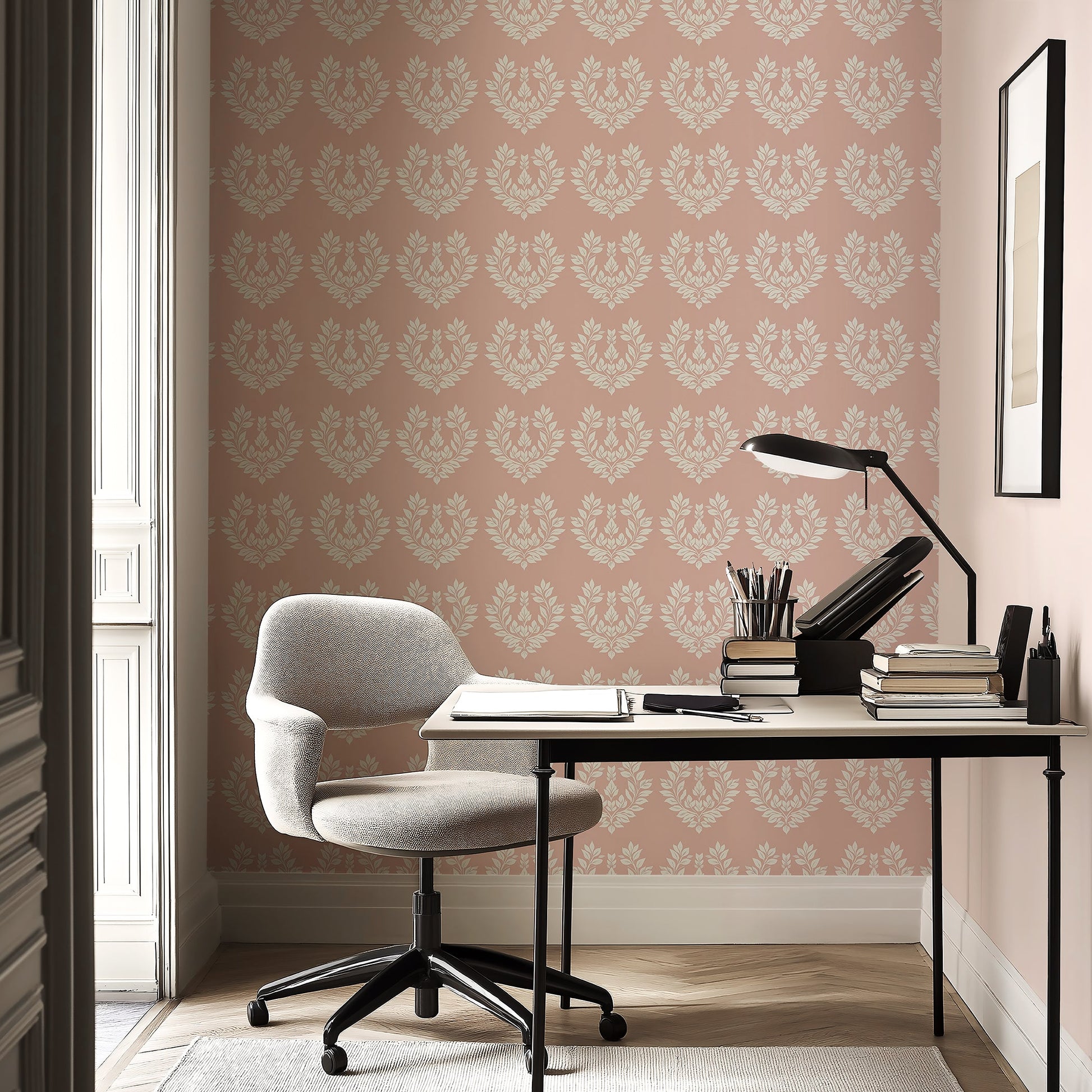 Romantic Flora Design wallpaper featuring white floral and laurel wreaths on blush-pink, enhancing a traditional and elegant office space.