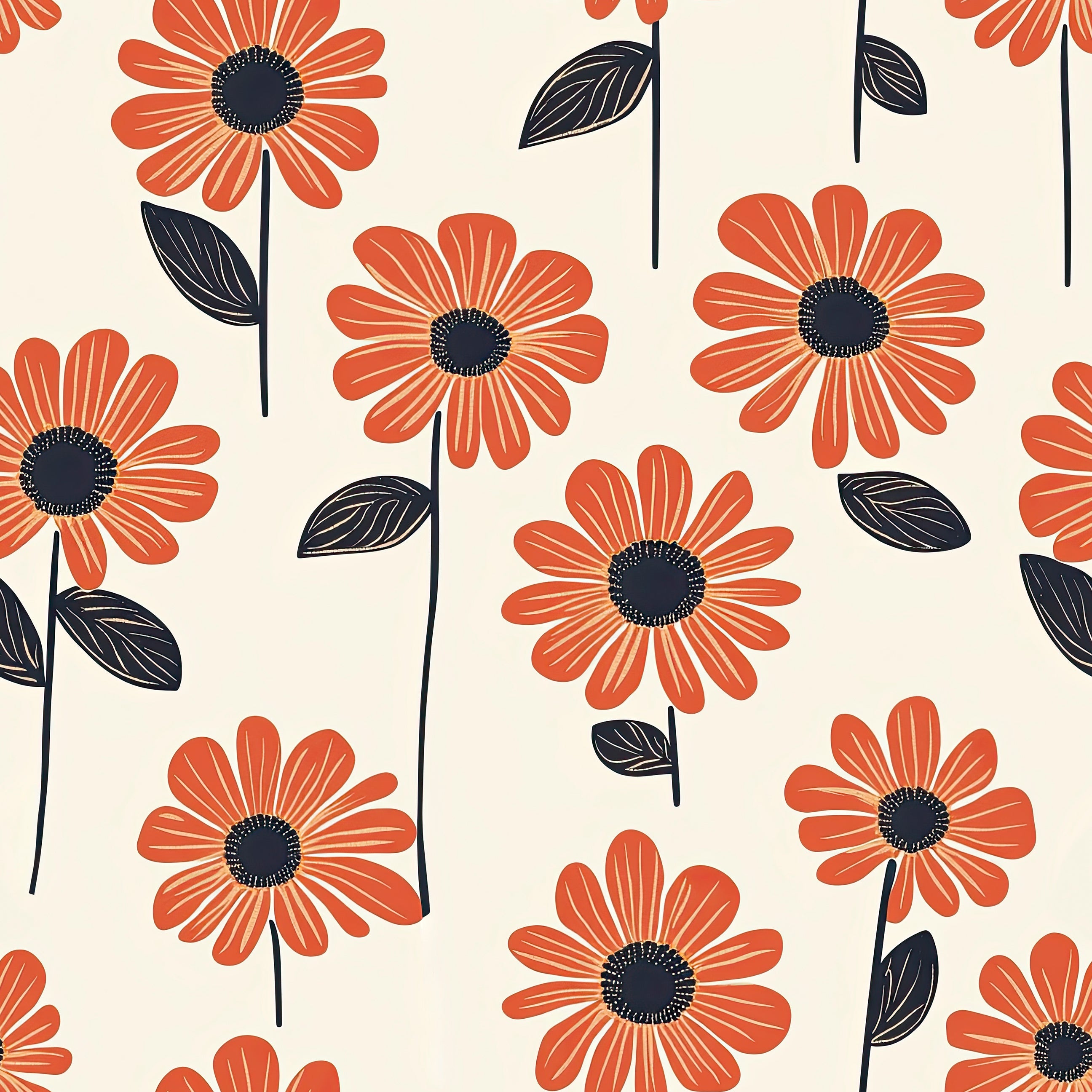 Retro wallpaper with vibrant orange floral daisies and black centers on a warm cream backdrop, perfect for cheerful, modern spaces.