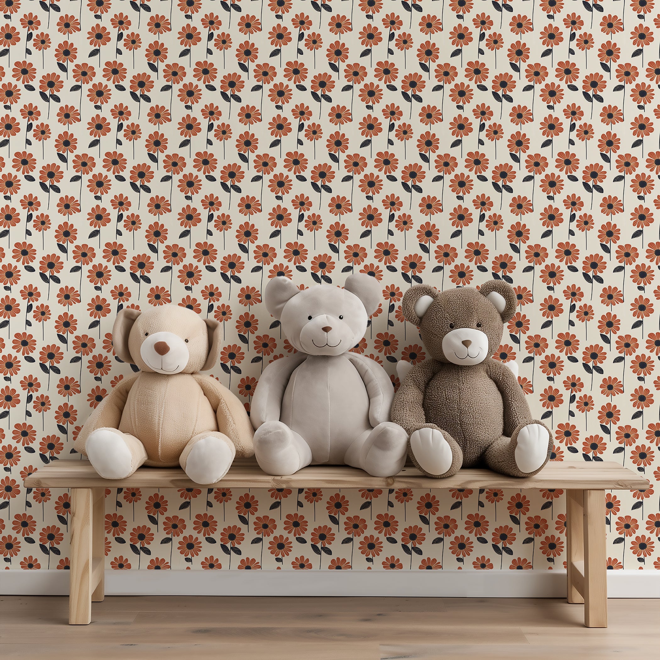 Cheerful Daisy Dance wallpaper with orange daisies and black centers; perfect retro floral decor for nurseries and modern, eclectic interiors.