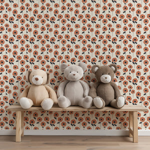 Cheerful Daisy Dance wallpaper with orange daisies and black centers; perfect retro floral decor for nurseries and modern, eclectic interiors.