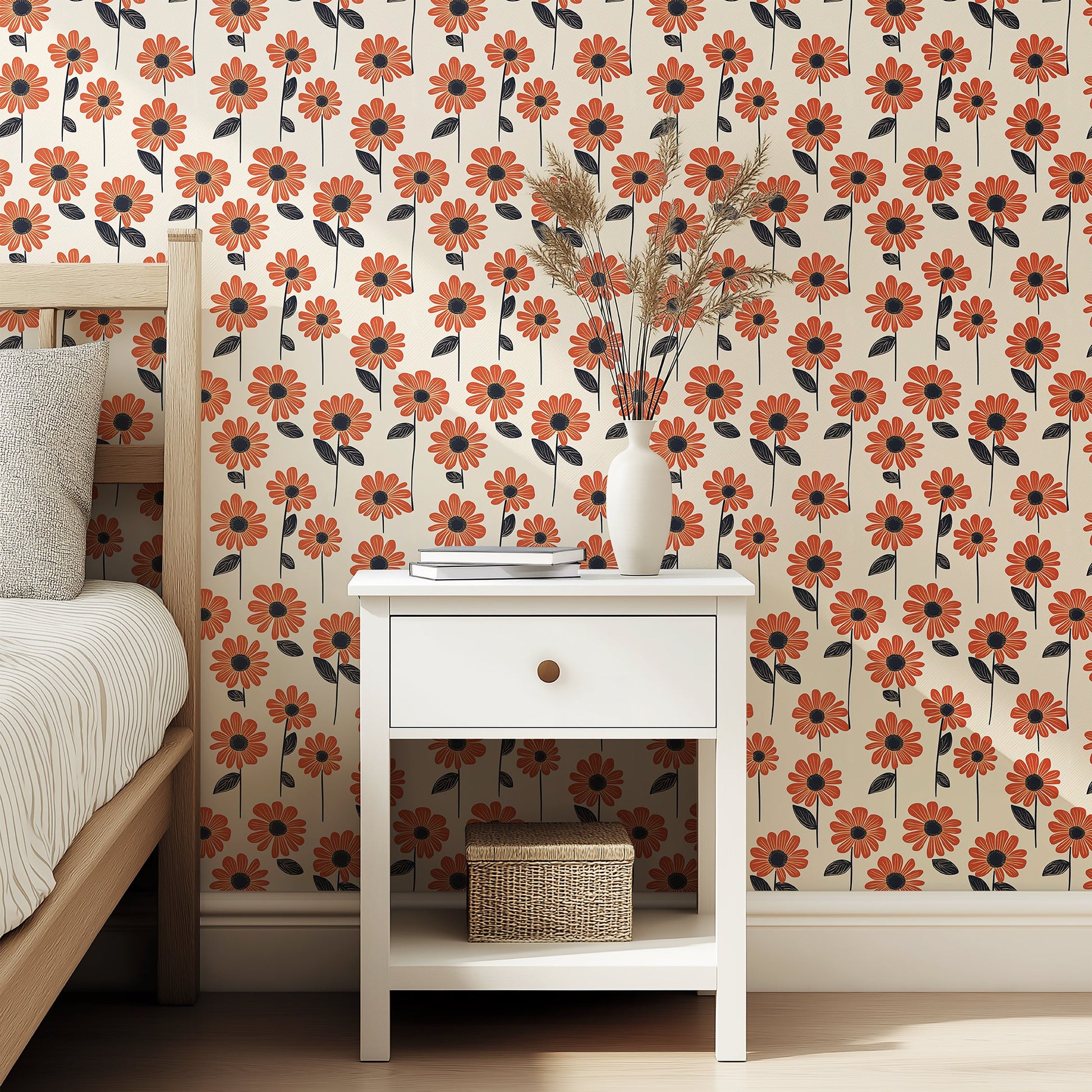 Retro-inspired wallpaper with orange daisies and bold black centers on a cream backdrop, perfect for modern floral-themed spaces.