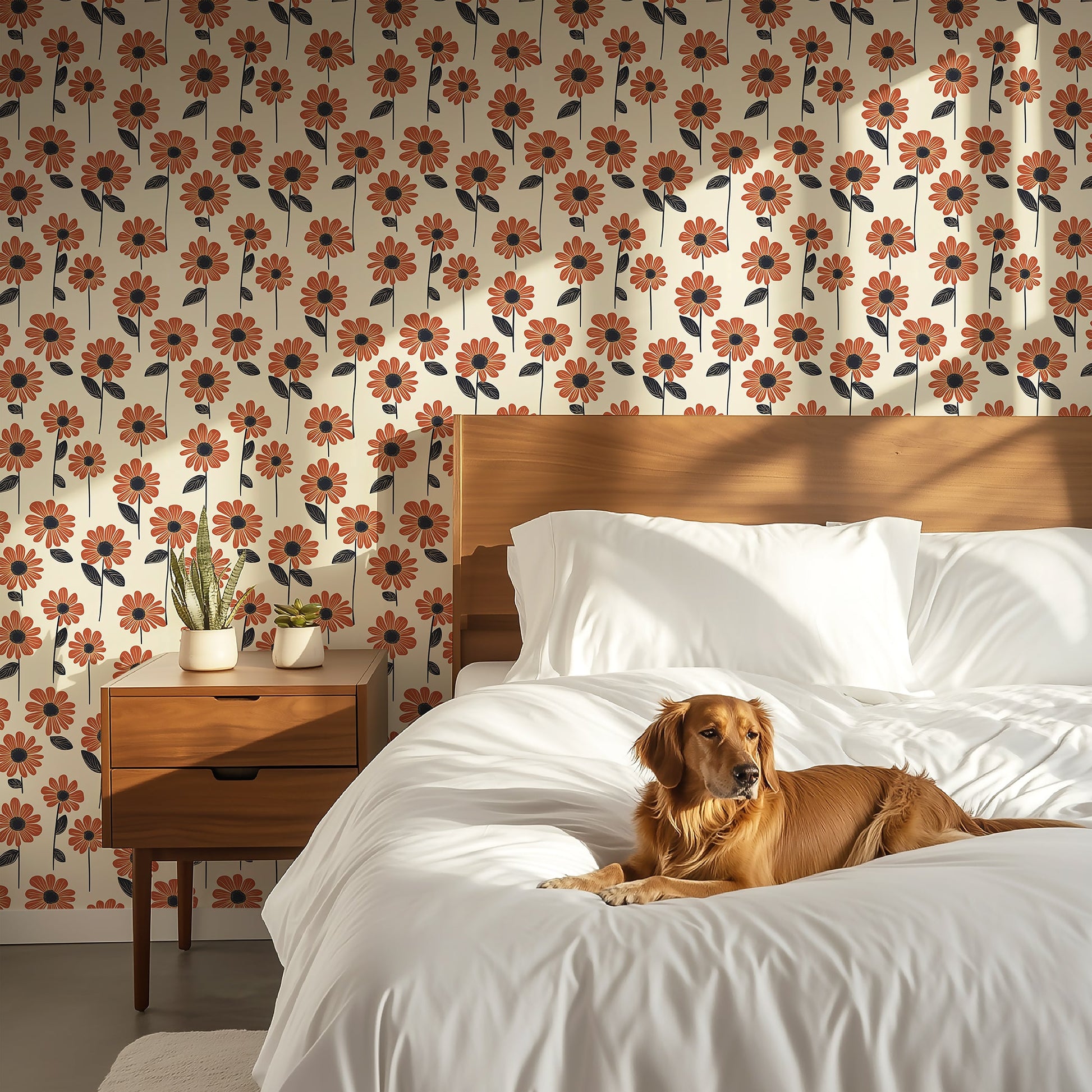 Retro orange daisy floral wallpaper with a cheerful dog on a bed, perfect for modern and eclectic spaces seeking vibrant decor.