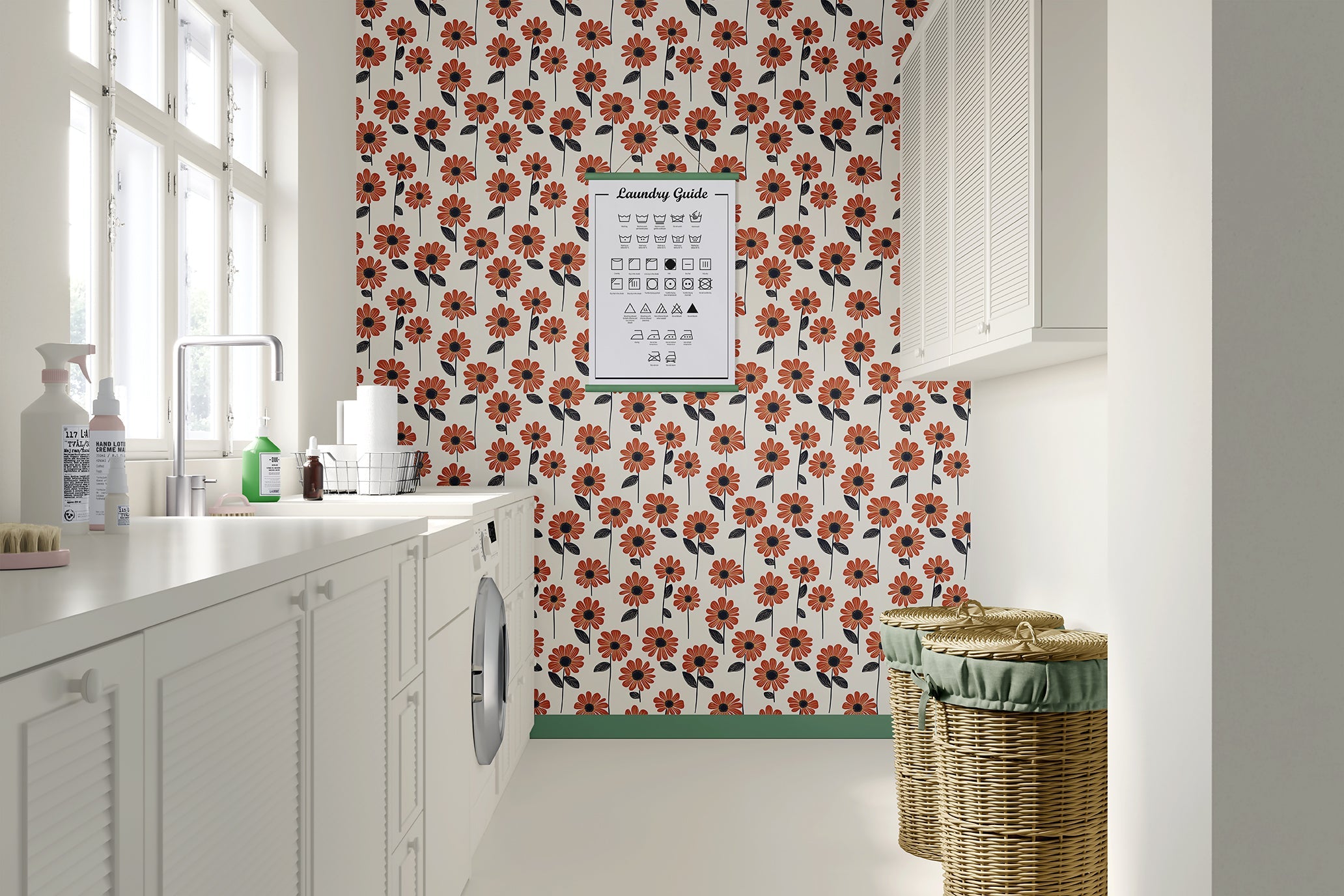Cheerful retro-inspired wallpaper with orange and red daisies on cream backdrop. Perfect for modern, floral-themed interiors.
