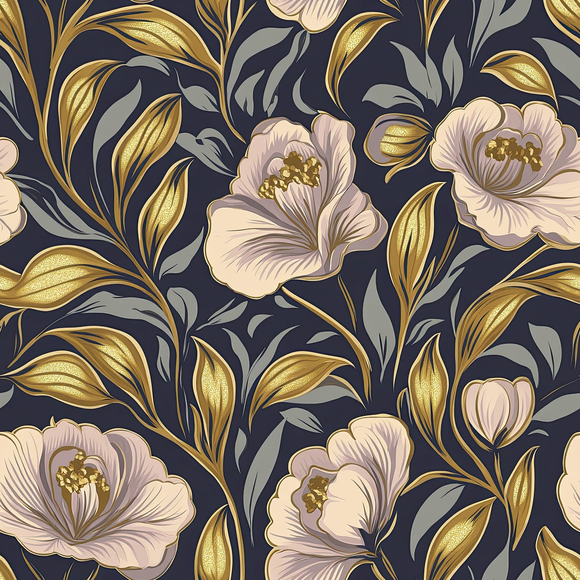 Floral wallpaper with golden botanical details and blush flowers on a deep navy background, offering a traditional and elegant style.