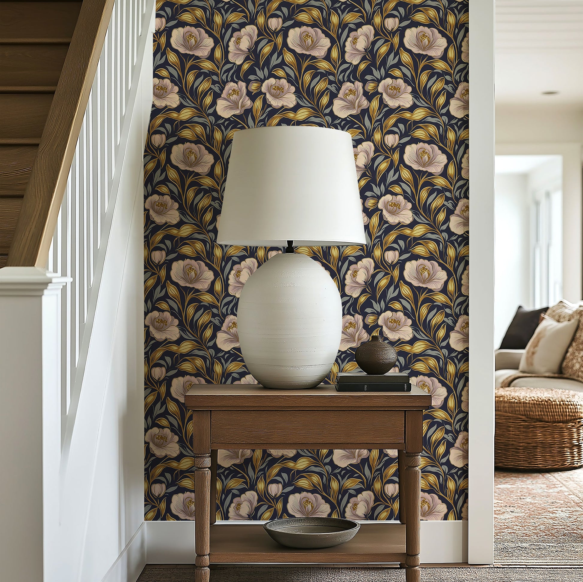Navy floral wallpaper with golden botanical patterns and blush flowers, creating a vintage yet contemporary look for elegant home decor.