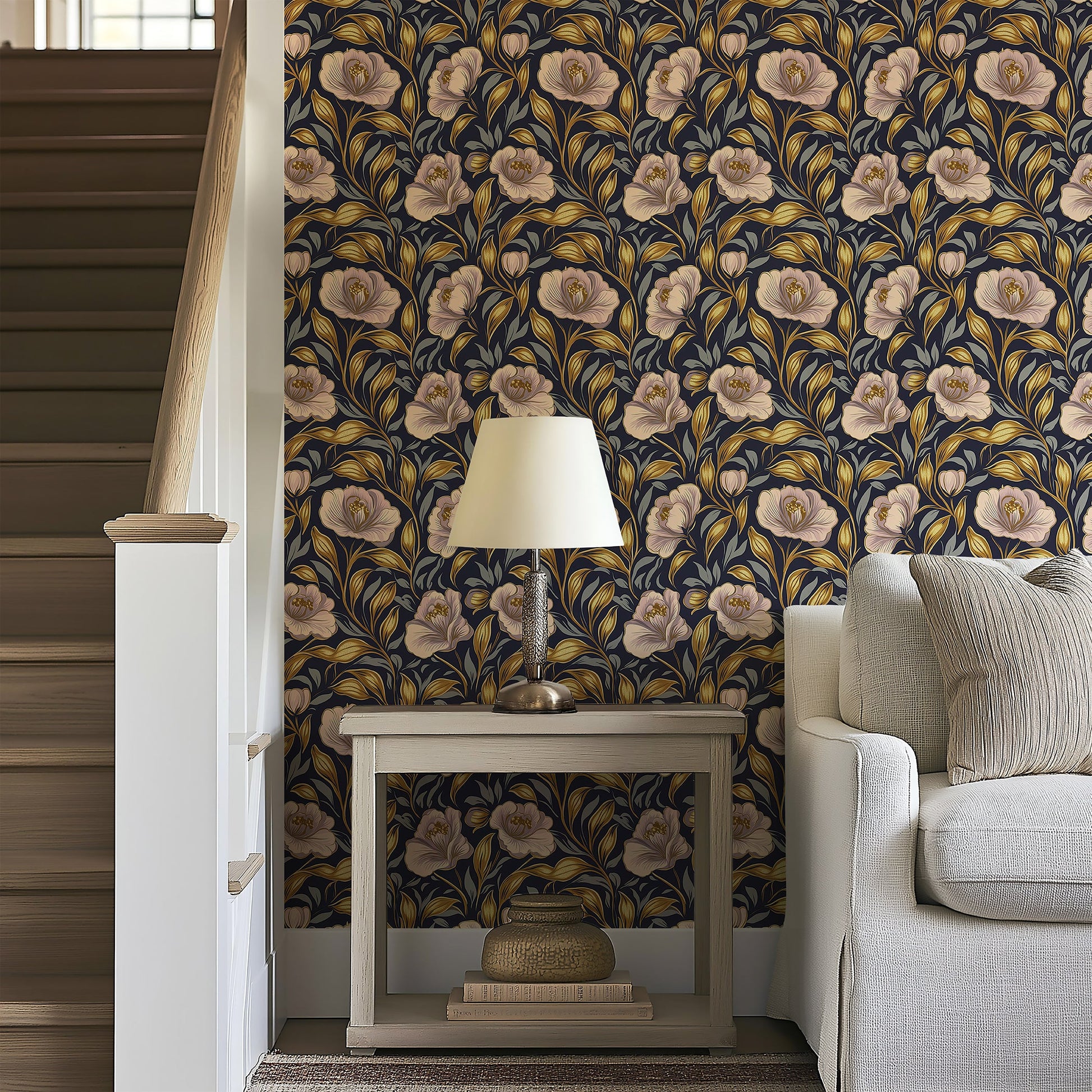 Glamorous floral wallpaper with navy background, golden details, and blush flowers, adding luxury to traditional home decor.