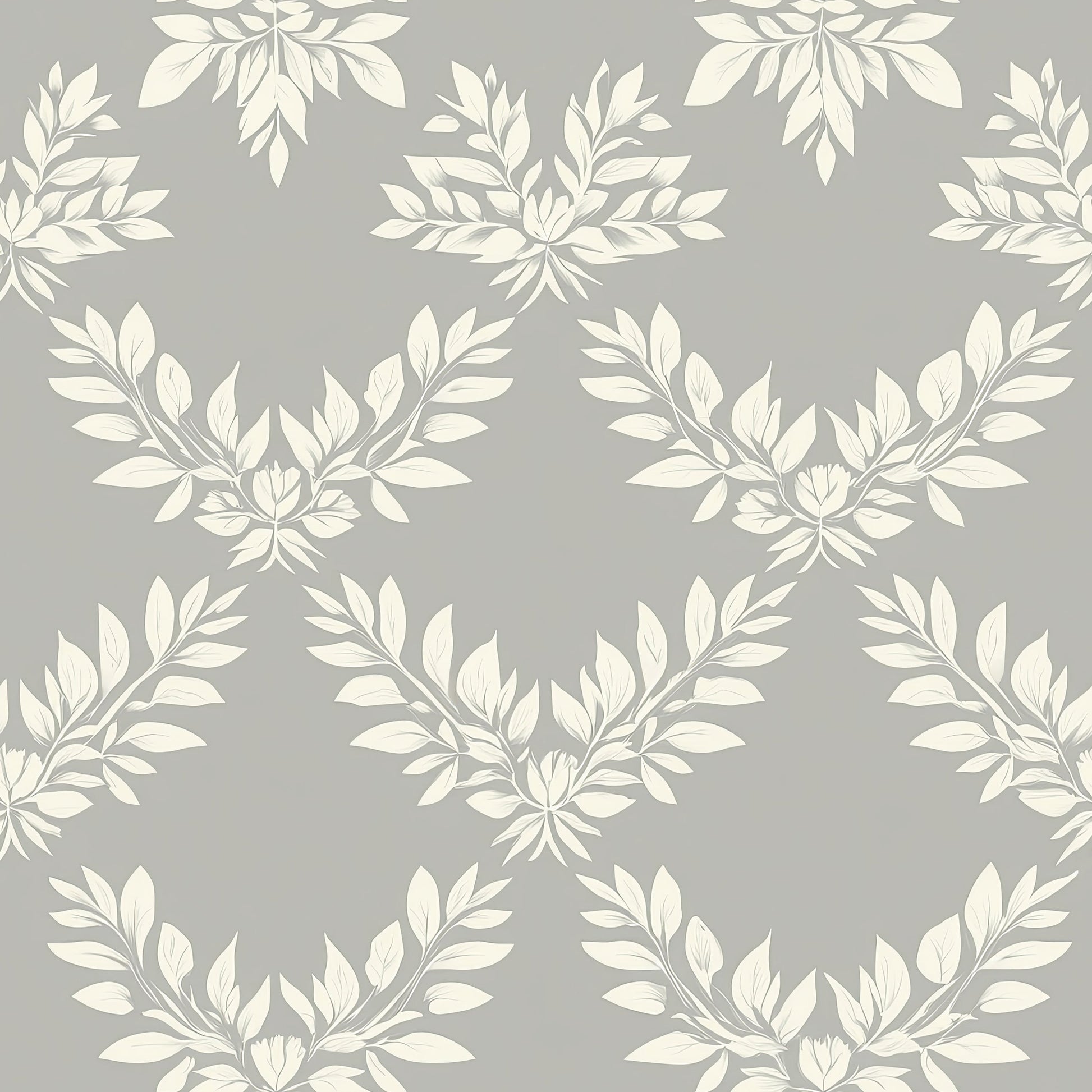Sophisticated Leaf Elegance wallpaper with ivory laurel wreath patterns on gray, perfect for traditional and modern interiors.
