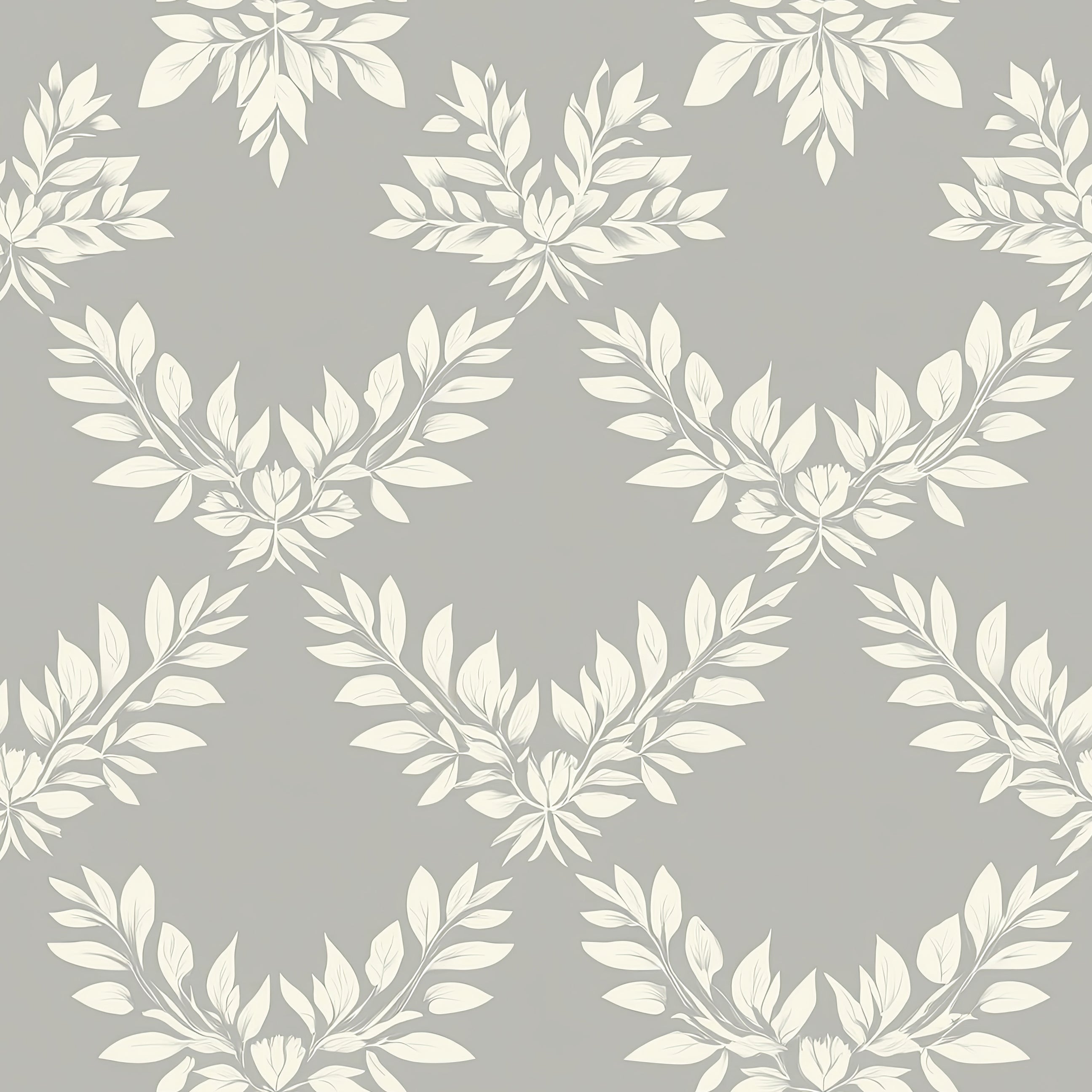 Sophisticated Leaf Elegance wallpaper with ivory laurel wreath patterns on gray, perfect for traditional and modern interiors.
