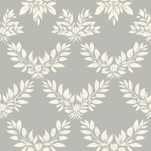 Sophisticated Leaf Elegance wallpaper with ivory laurel wreath patterns on gray, perfect for traditional and modern interiors.