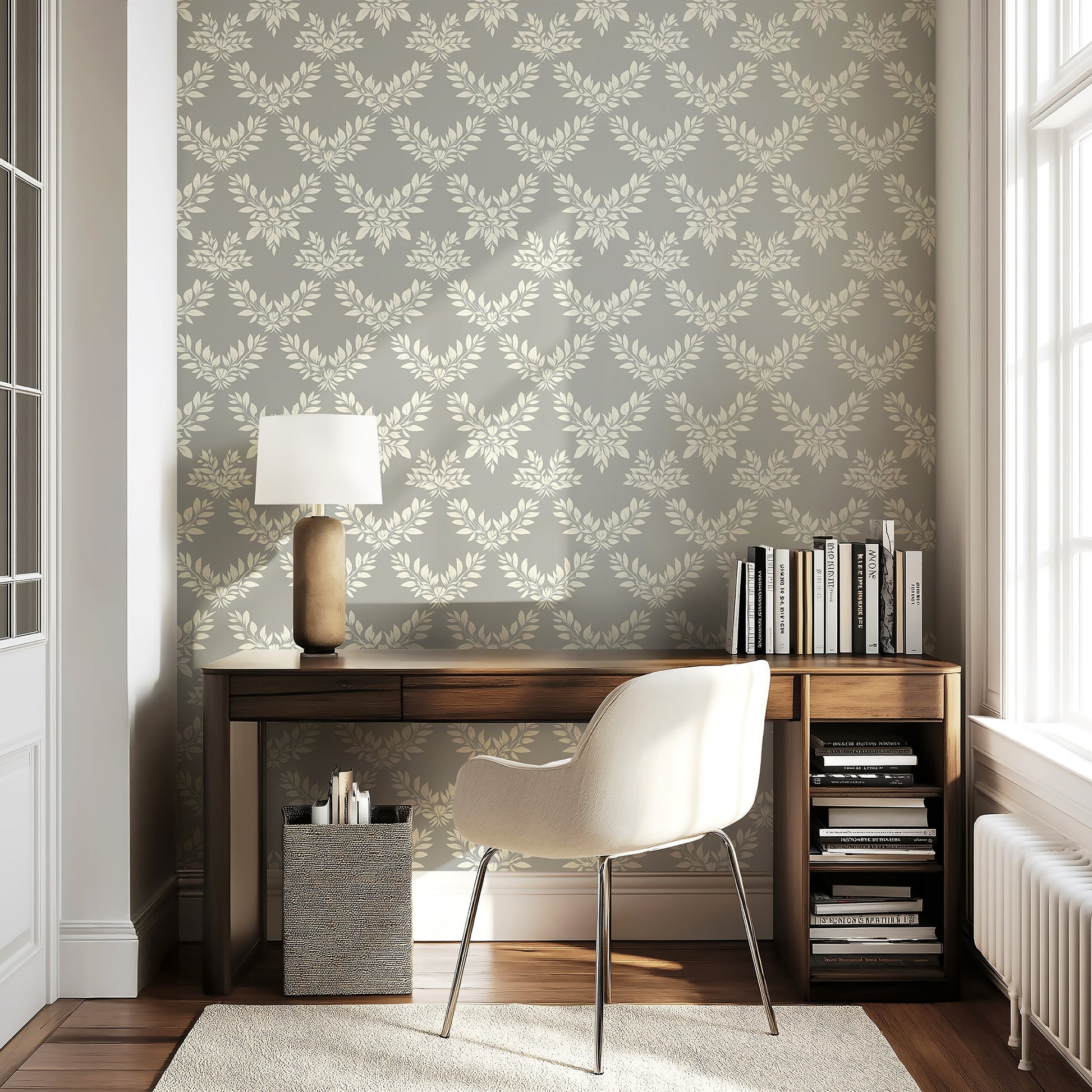Elegant white laurel wreath wallpaper with gray background in a modern home office setting, enhancing traditional interior decor.