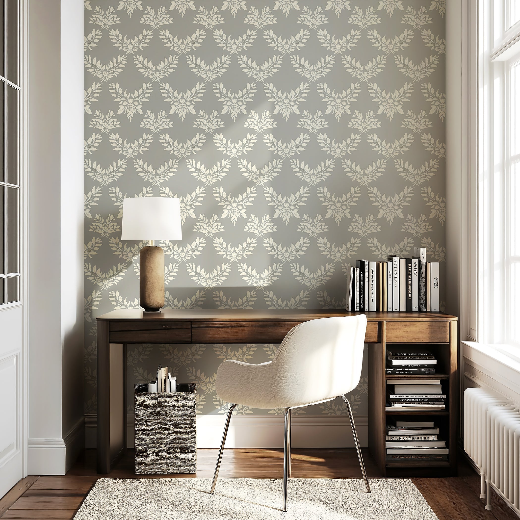 Elegant white laurel wreath wallpaper with gray background in a modern home office setting, enhancing traditional interior decor.