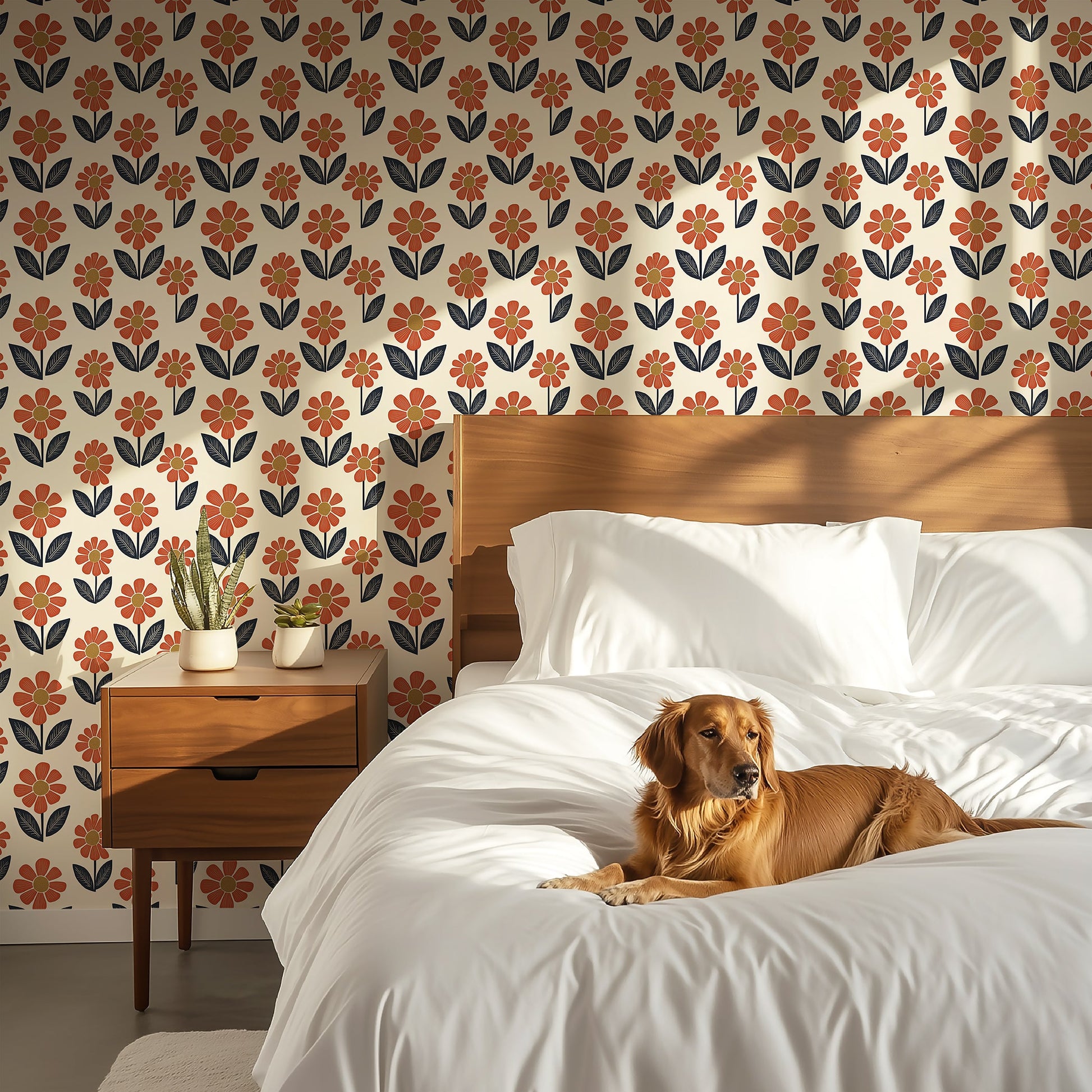 Retro Flower Power wallpaper featuring orange and red flowers with dark navy leaves in a modern bedroom setting with a dog.