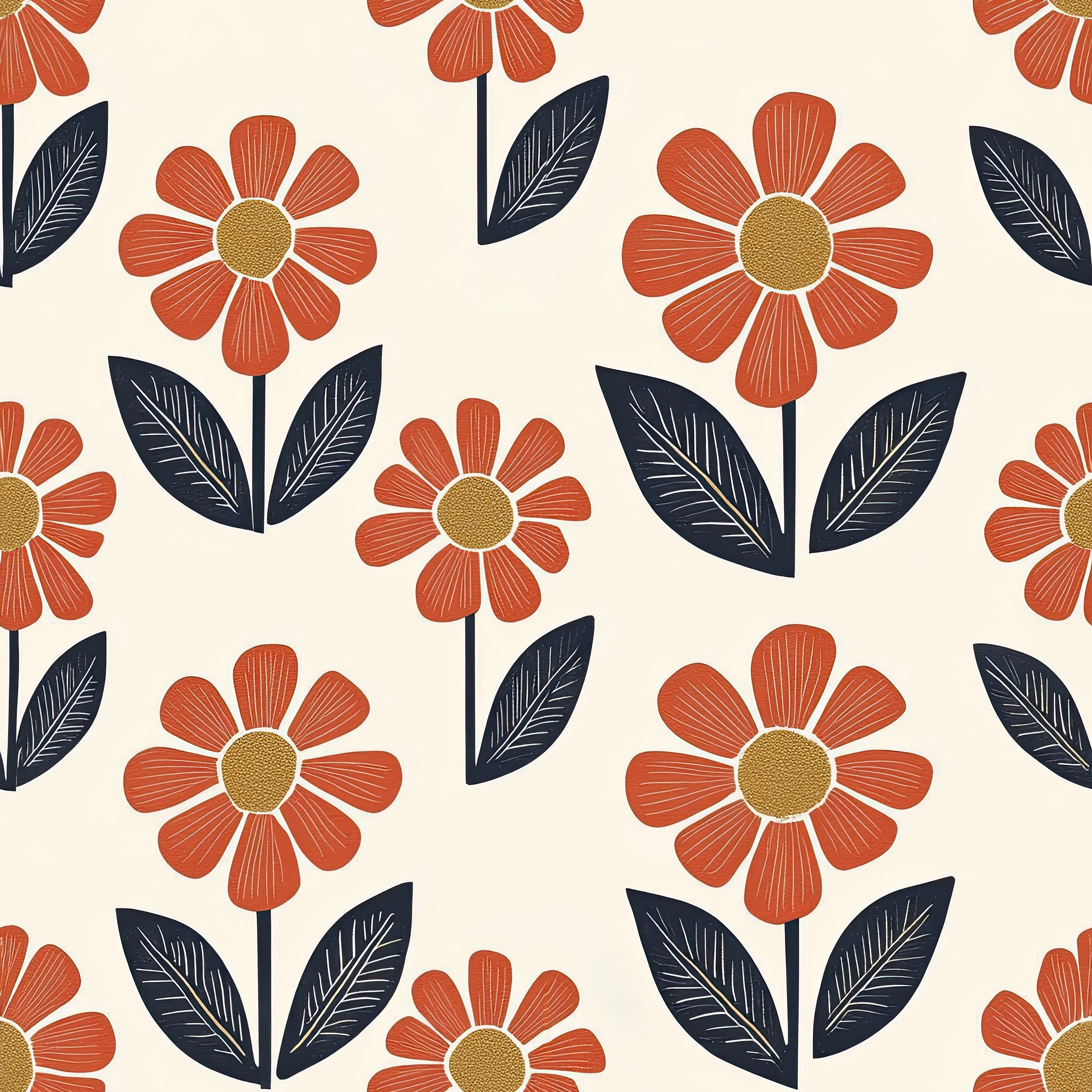 Retro Flower Power wallpaper with orange and red floral pattern, navy foliage, and yellow centers. Perfect for modern, playful decor.
