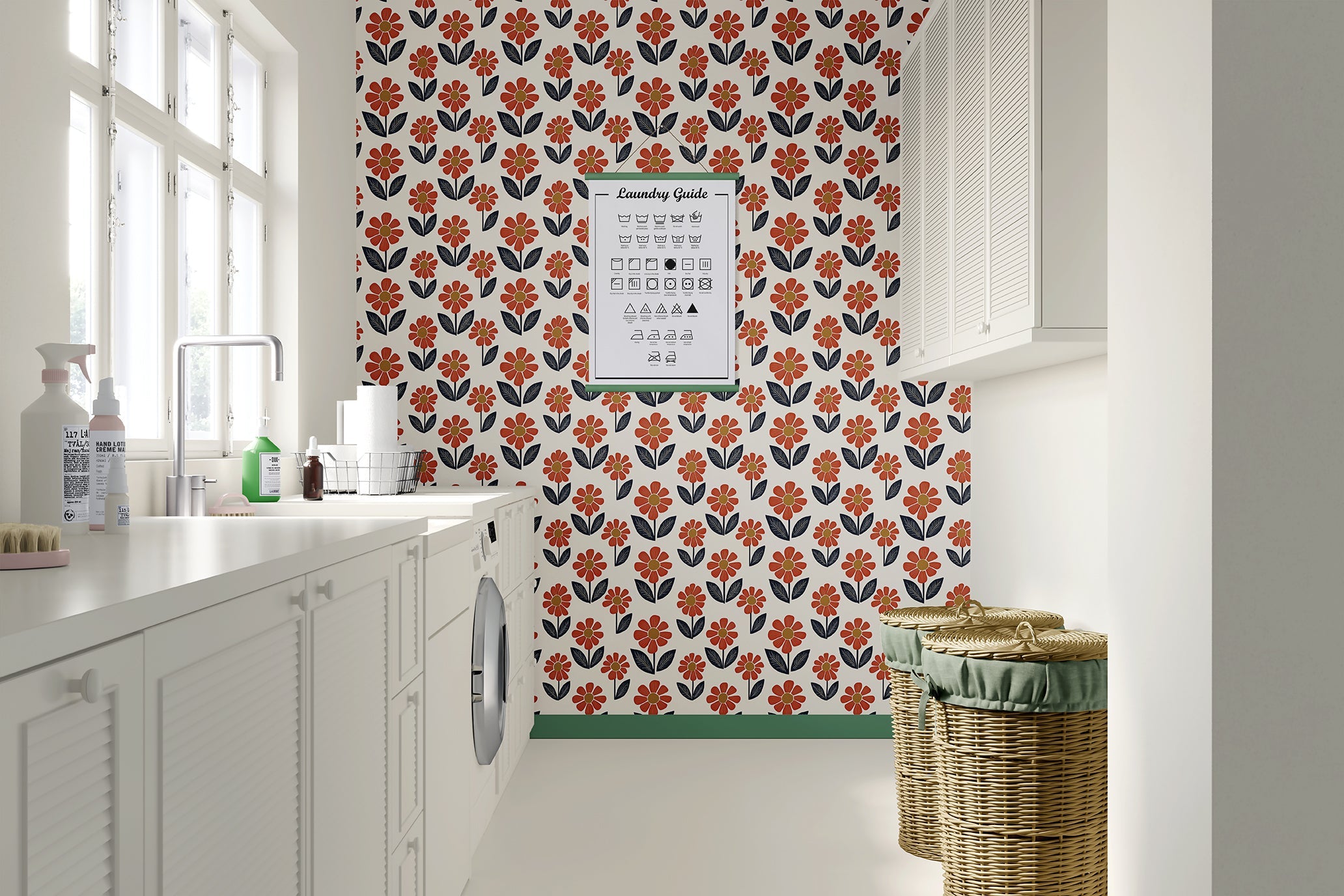 Retro Flower Power wallpaper with orange blossoms and navy foliage in a modern kitchen setting, adding a burst of floral charm.