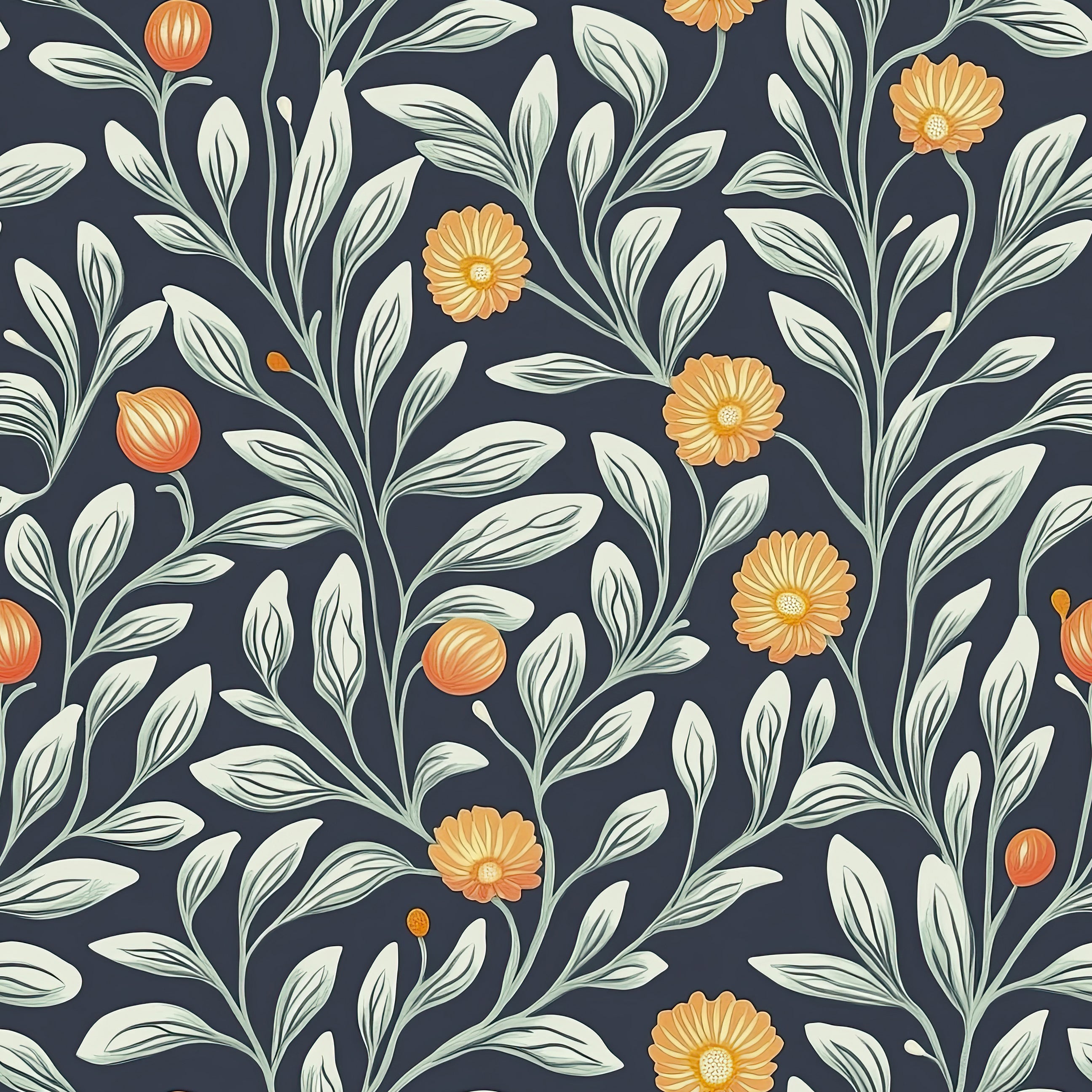 Bright Blooms and Greens floral wallpaper with golden-orange flowers and leafy vines on navy, ideal for traditional decor.