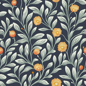 Bright Blooms and Greens floral wallpaper with golden-orange flowers and leafy vines on navy, ideal for traditional decor.