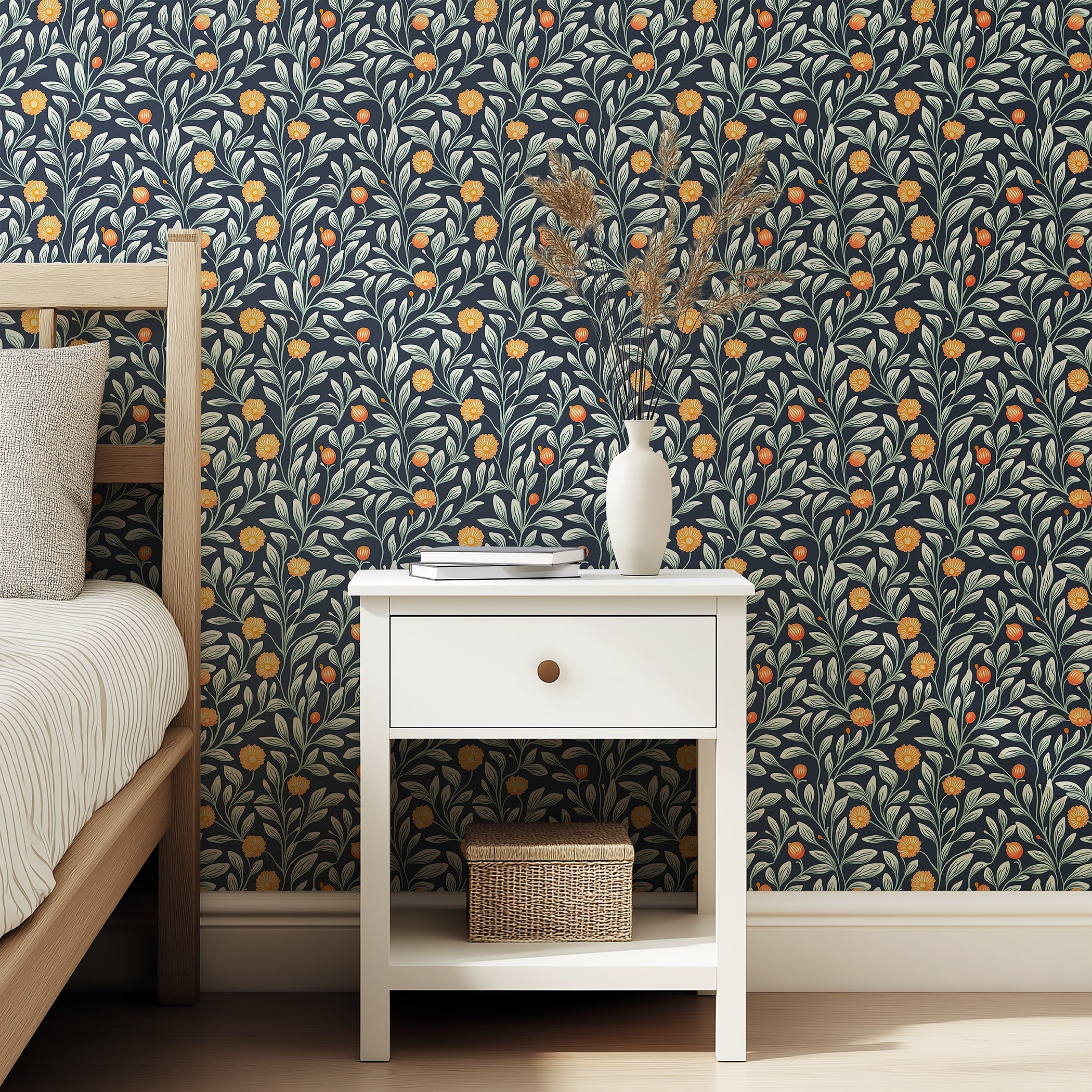 Floral wallpaper with soft leafy vines and golden-orange flowers on navy backdrop. Ideal for bedrooms and living space elegance.